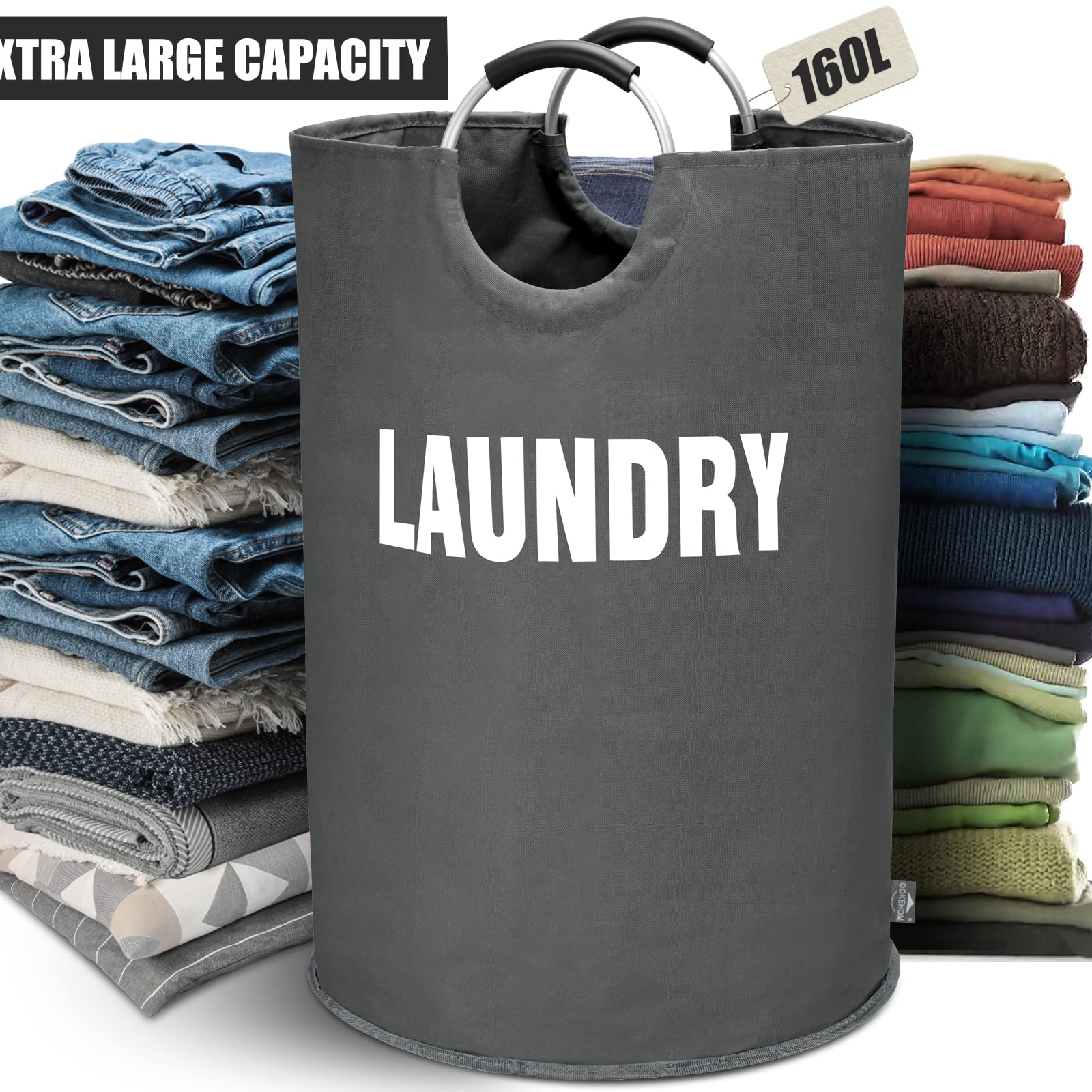 DOKEHOM 90L Large Laundry Basket, Collapsible Laundry Bag, Black | Freestanding tall clothes hamper & foldable washing bin. High-capacity clothes storage basket with durable sturdy handles