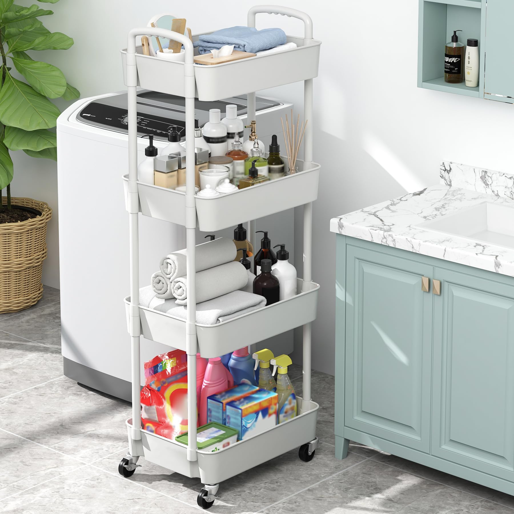 Sywhitta 3-Tier Plastic Rolling Utility Cart with Handle, Multi-Functional Storage Trolley for Office, Living Room, Kitchen, Movable Storage Organizer with Wheels, Black