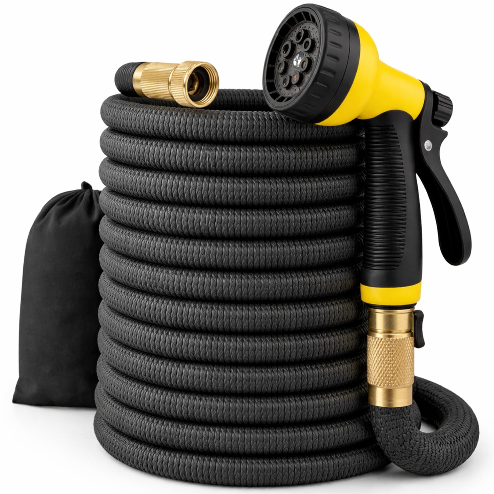 J&B XpandaHose 75ft Expandable Garden Hose, Lightweight, Brass Connectors | Ultra Strong 3750D fabric, 4-layer latex core, expands 3X, kink & leak-resistant, 10-pattern nozzle, storage bag