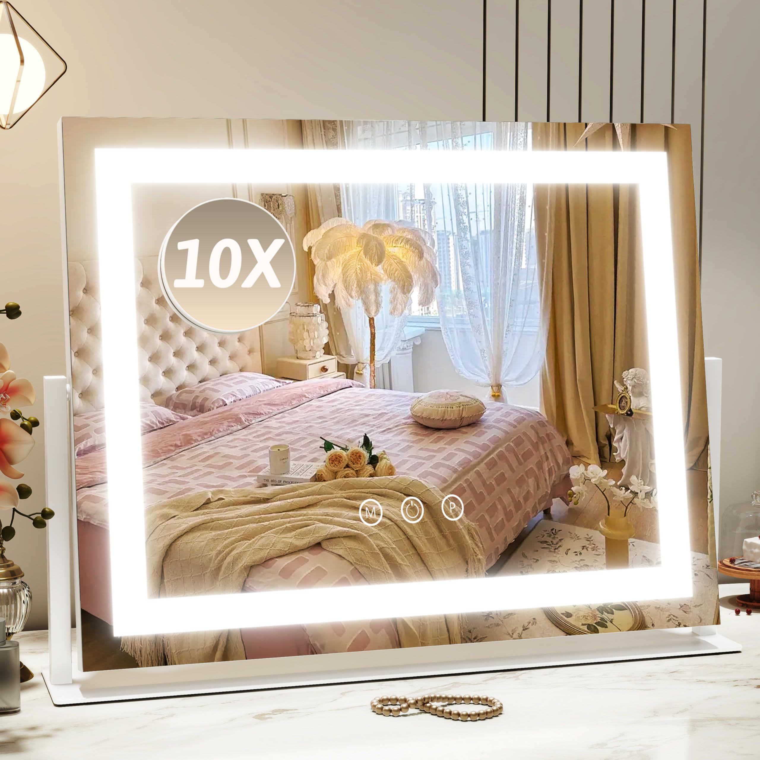 ROLOVE Vanity Mirror with Lights, 12.6"x15" LED Makeup Mirror with Lights, Smart Touch Control 3 Color Dimmable, Lighted Desk Mirror for Bedroom, Light Up Mirror