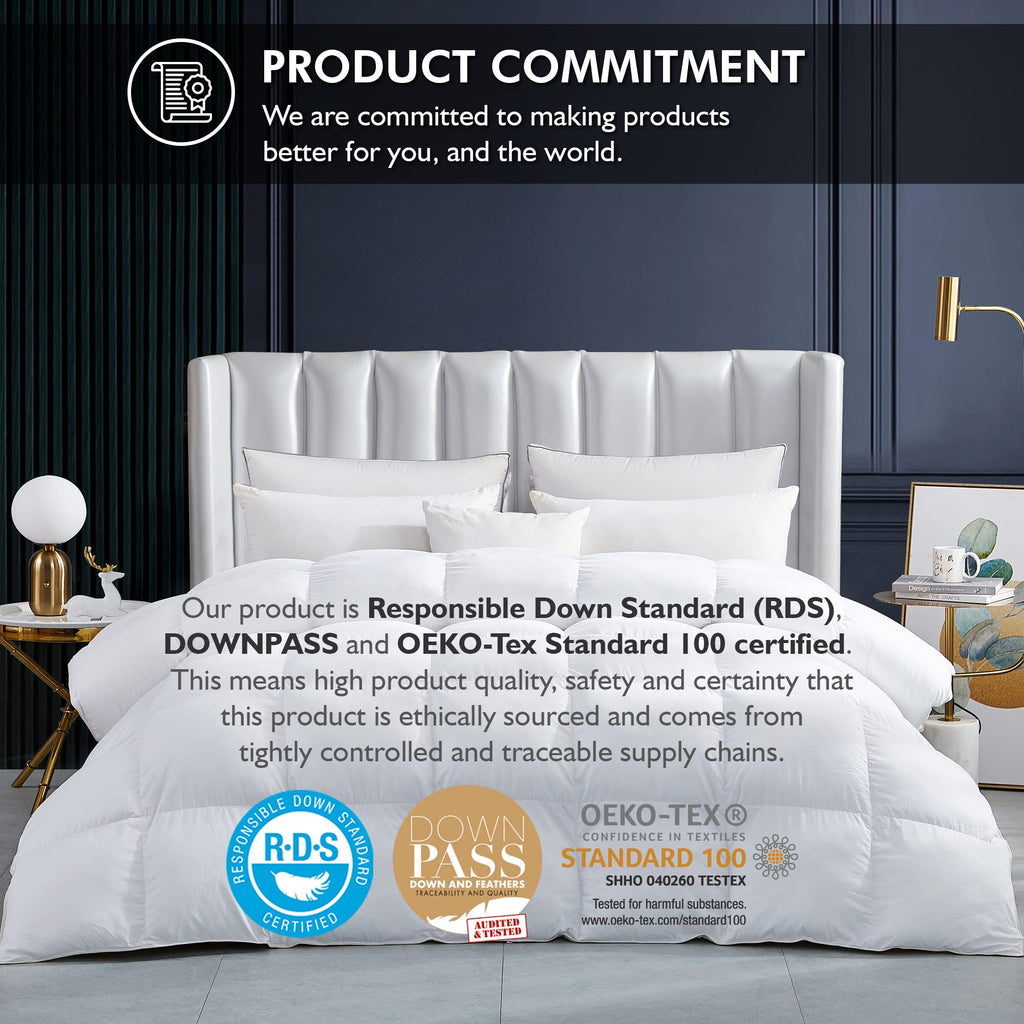 Luxurious All-Season Goose Down Feather Fiber Comforter California King Size Duvet Insert, Exquisite Pinch Pleat Design, Premium Baffle Box, 100% Egyptian Cotton Cover, 80 oz. Fill Weight, Black