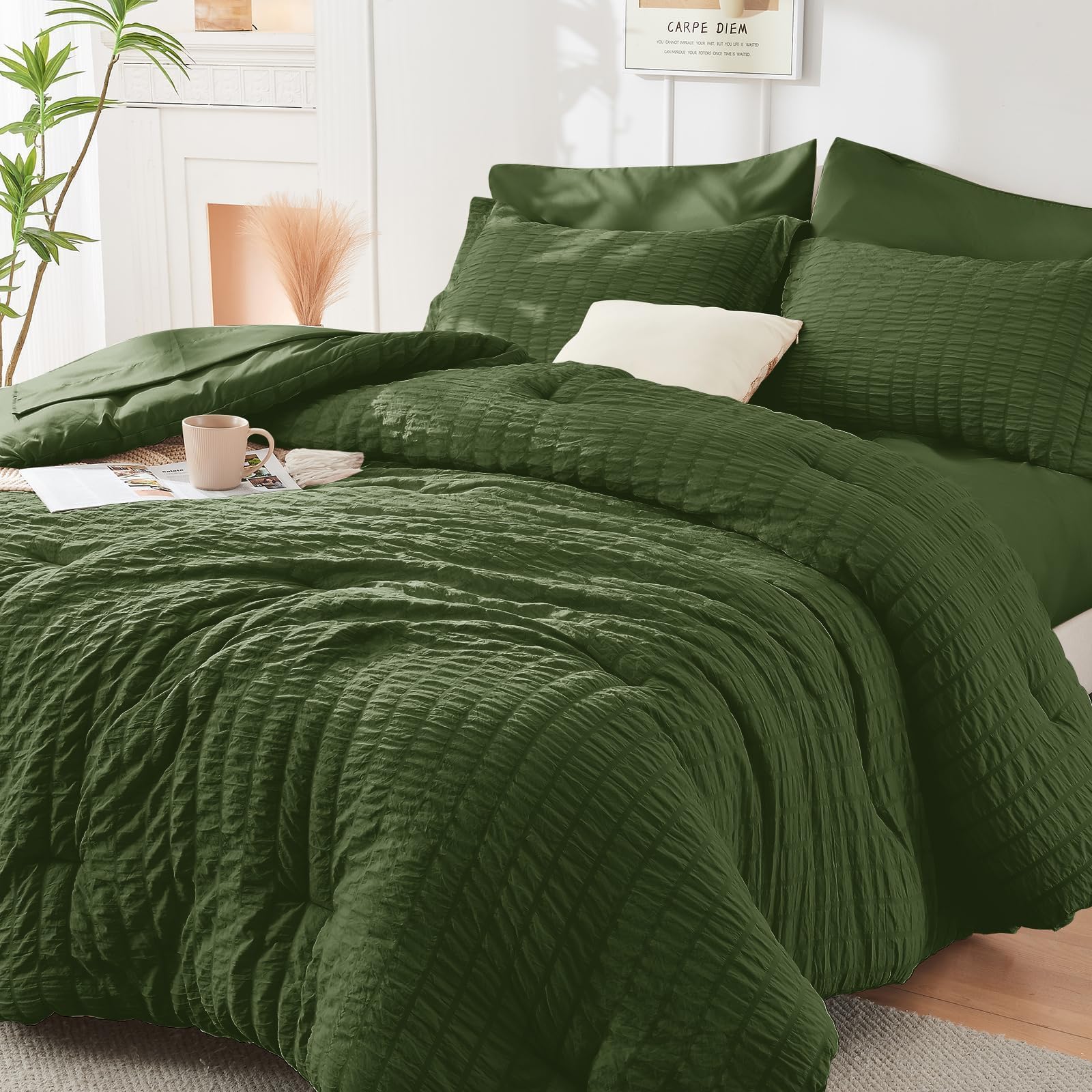 HYMOKEGE Twin XL Comforter Set Seersucker 5 Pieces, All Season Luxury Bed in a Bag for Bedroom, Bedding Set with Comforter, Sheet, Pillowcase & Sham, Dark Grey