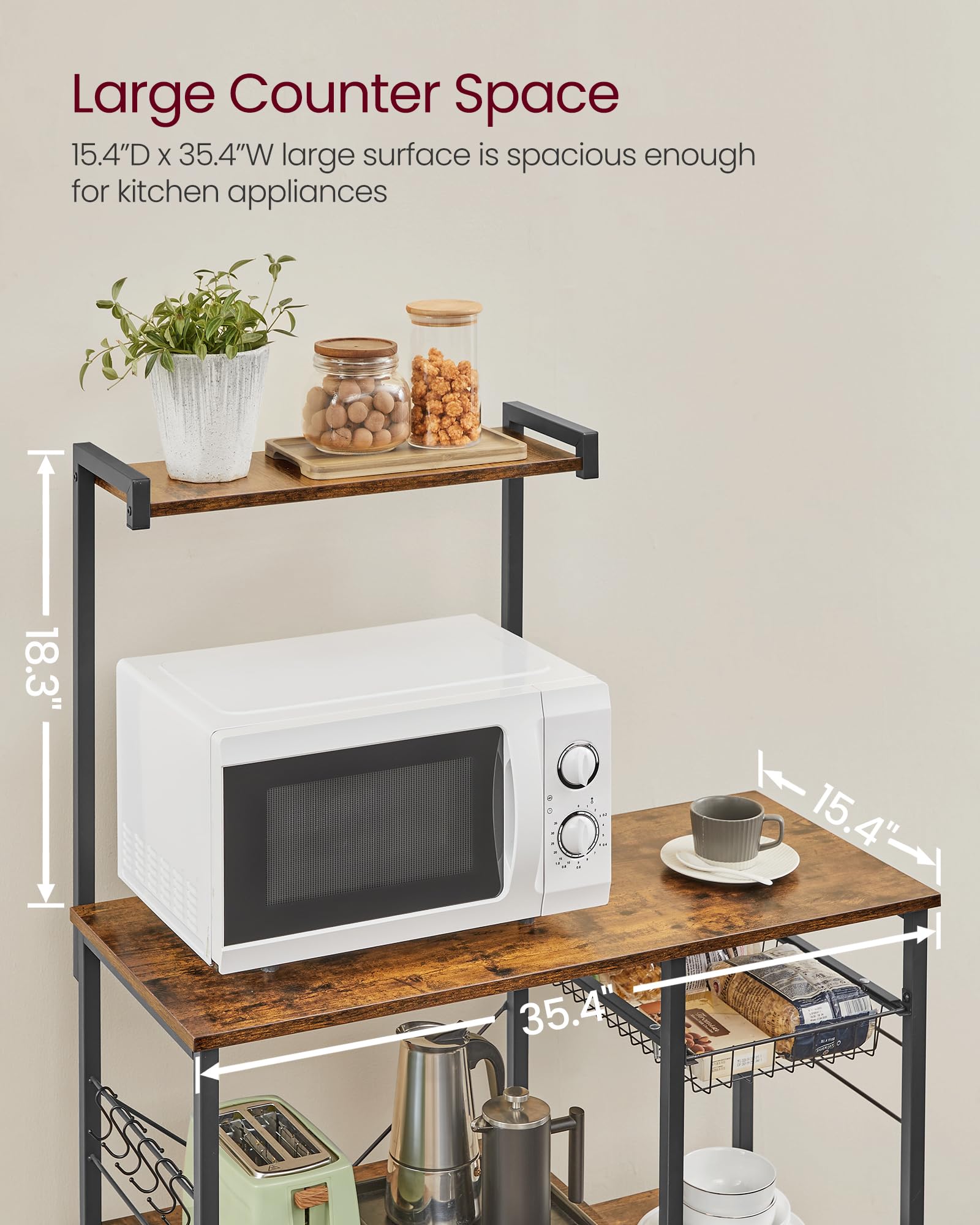 VASAGLE Kitchen Bakers Rack with Power Outlet, Coffee Bar with 35.4-Inch High Worktop, Microwave Stand with 8 Hooks, 15.7 x 31.5 x 66.9 Inches, Golden Oak and Cloud White UKKS059Y01