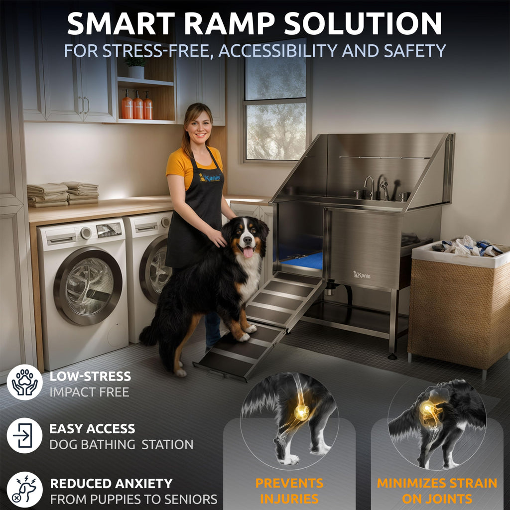 KANIS Professional Dog Washing Station 304 Stainless Steel Pet Wash Sink & Grooming Bathtub w/Shower, Floor Grates and Storage for Large, Medium & Small Pets (Silver, 50 Inches, Right Ramp, 1 Drawer)