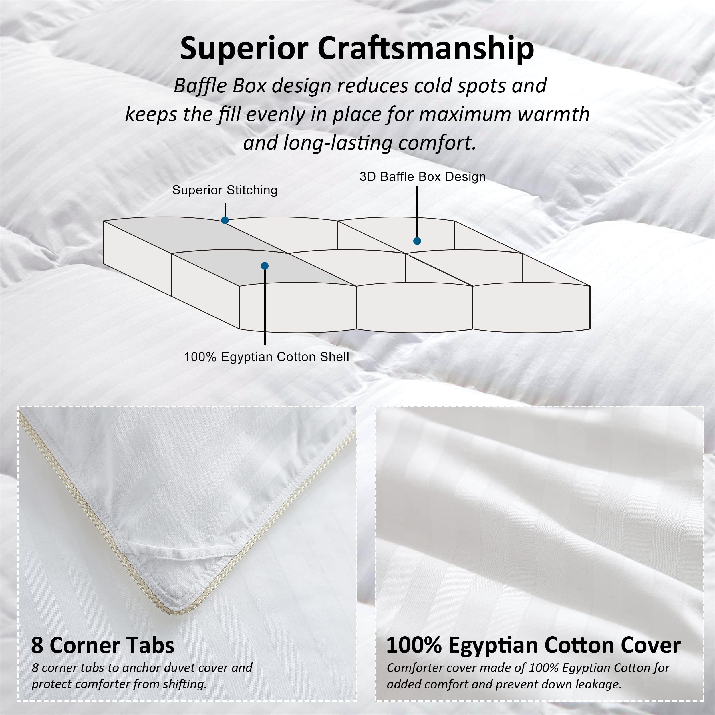 Luxurious All-Season Goose Down Feather Fiber Comforter California King Size Duvet Insert, Exquisite Pinch Pleat Design, Premium Baffle Box, 100% Egyptian Cotton Cover, 80 oz. Fill Weight, Black
