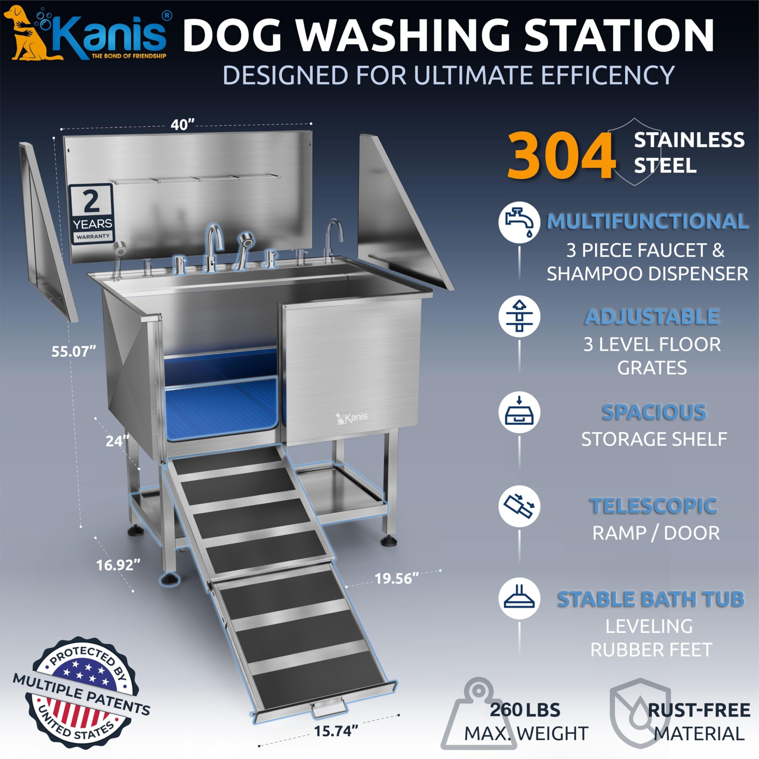 KANIS Professional Dog Washing Station 304 Stainless Steel Pet Wash Sink & Grooming Bathtub w/Shower, Floor Grates and Storage for Large, Medium & Small Pets (Silver, 50 Inches, Right Ramp, 1 Drawer)