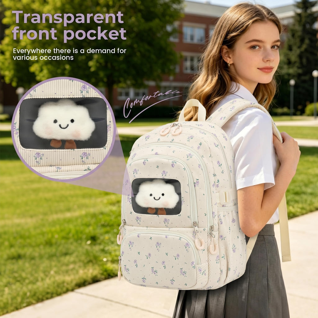 Corduroy School Backpack Set for Girls Boys Women, 3Pcs Kids Bookbag with Lunch Box & Pencil Pouch, Elementary Middle High School College Daypack 15.6" Laptop Bag for Work Travel, Leopard Brown