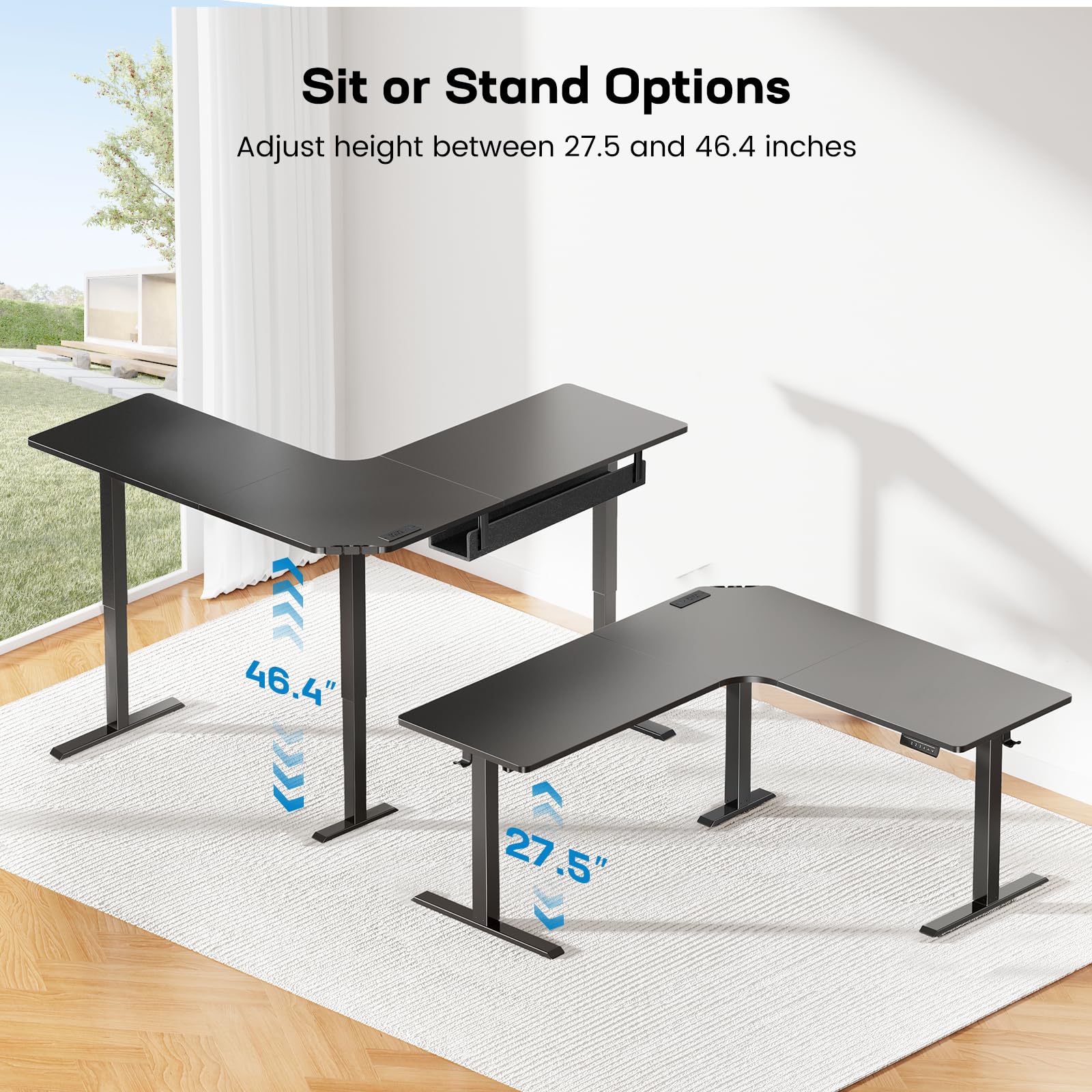 HUANUO 63″ L-Shaped Standing Desk, Built-in Power Outlets, Electric Height Adjustable Corner Computer Desk, Large Power Strip Holder, Sit Stand Up Desk with 3 Preset Heights, Black