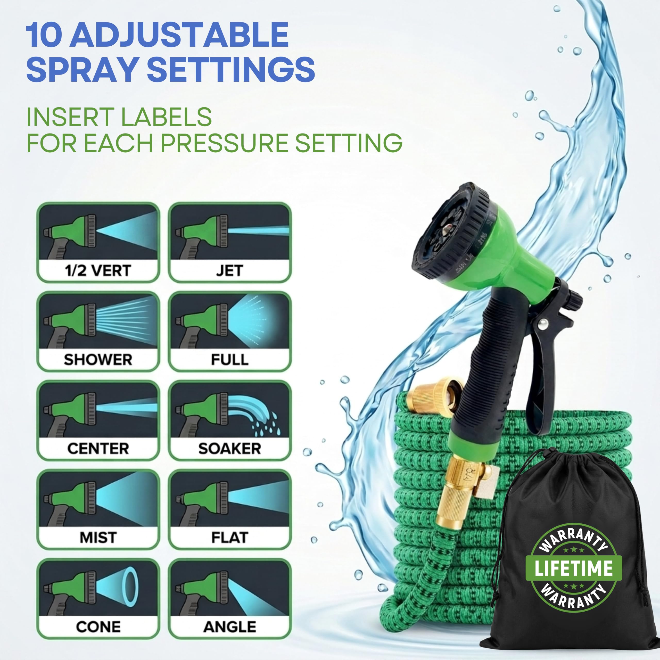 J&B XpandaHose 75ft Expandable Garden Hose, Lightweight, Brass Connectors | Ultra Strong 3750D fabric, 4-layer latex core, expands 3X, kink & leak-resistant, 10-pattern nozzle, storage bag