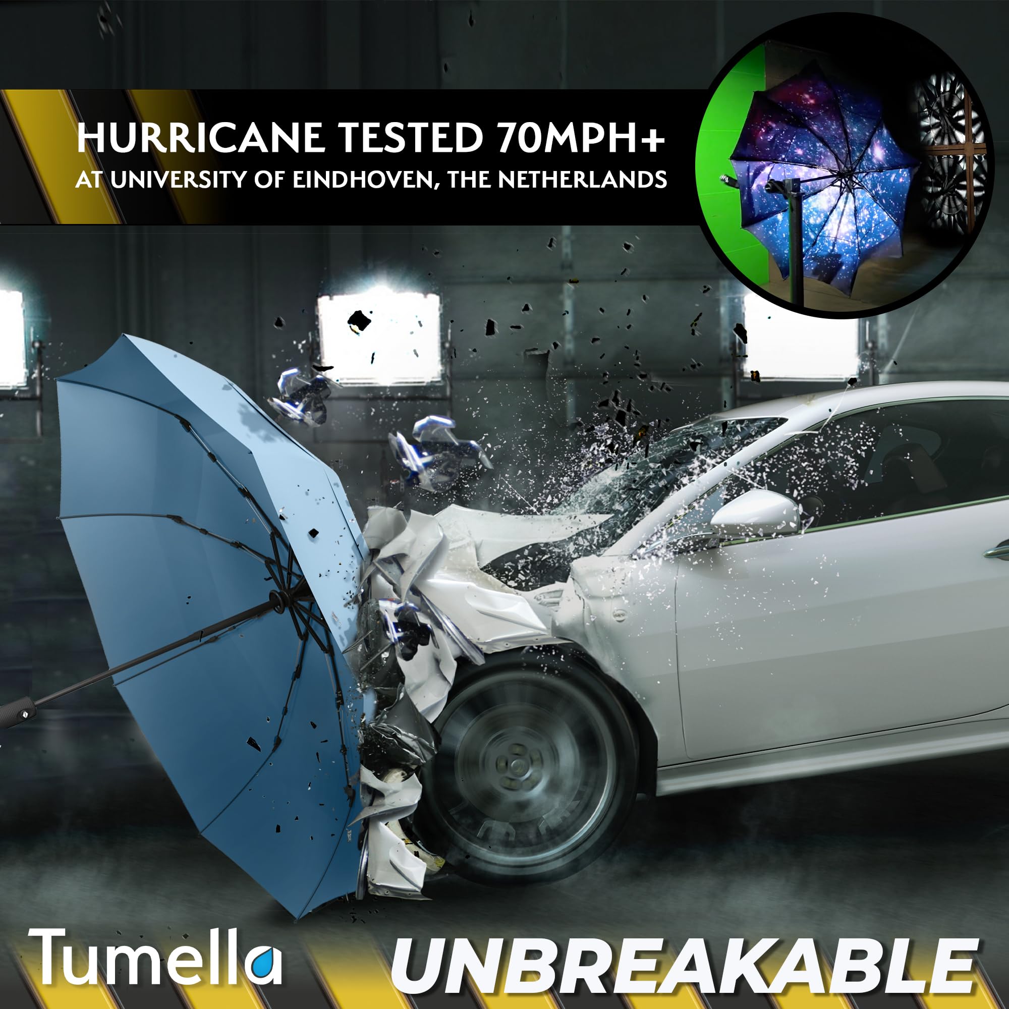TUMELLA Strongest Windproof Travel Umbrella (Compact, 100MPH Wind-Tested), Light, Portable, One-Handed Use, Automatic Folding Rain Umbrella, Durable, Premium Grip, Fits Car & Backpack