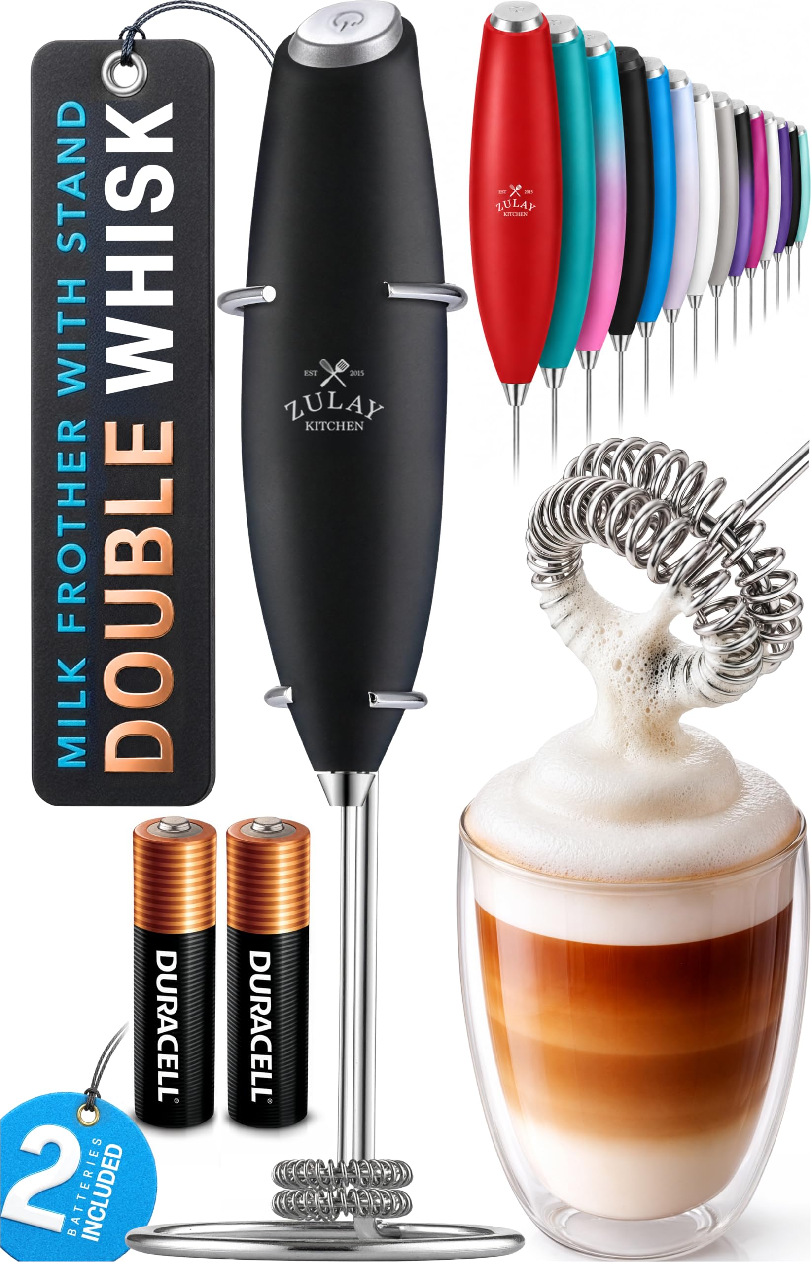 Zulay Kitchen Powerful Milk Frother Wand With Duracell Batteries - Ultra Fast Handheld Drink Mixer - Electric Whisk Foam Maker for Coffee, Lattes, Cappuccino & Matcha - Z1 Motor - Black