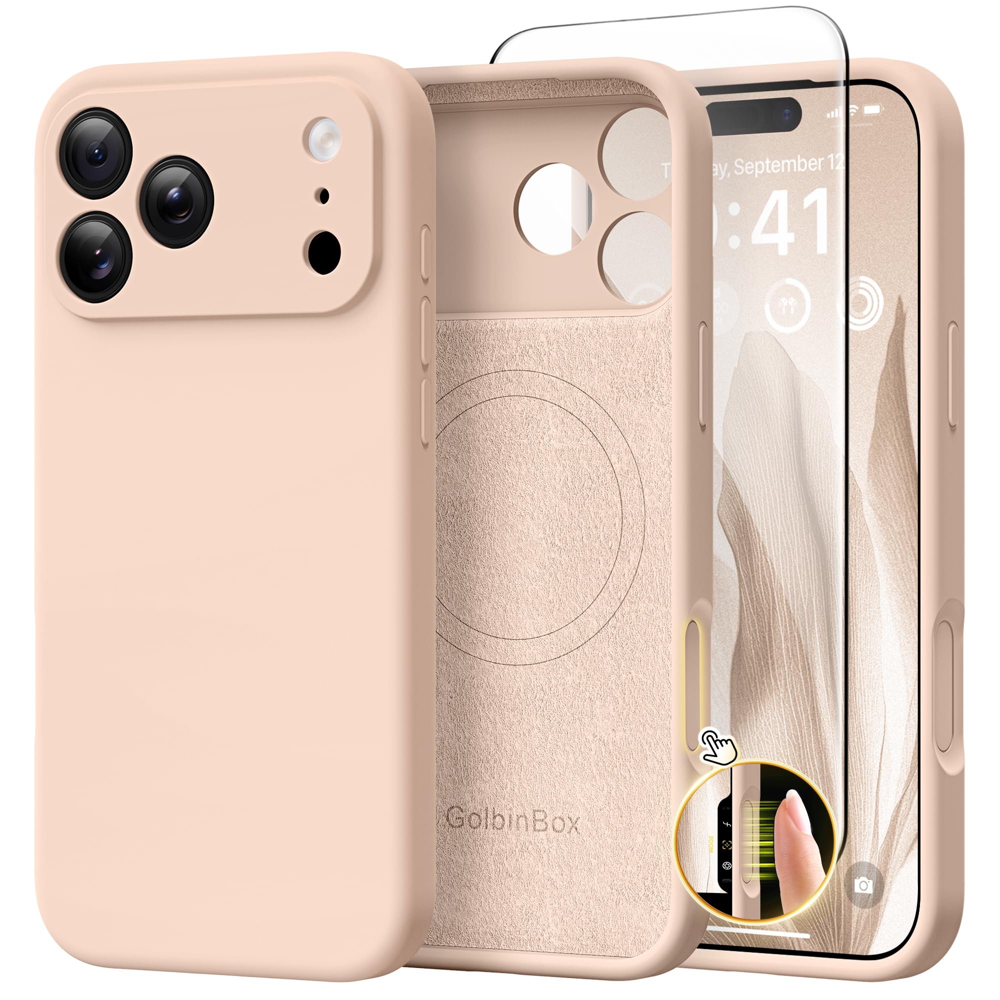 GolbinBox Magnetic for iPhone 17 Pro Max Case, Compatible with MagSafe, [Full Camera Protection] [Screen Protector], Silicone Shockproof Phone Cover with Anti-Scratch Microfiber Lining, Chalk Pink