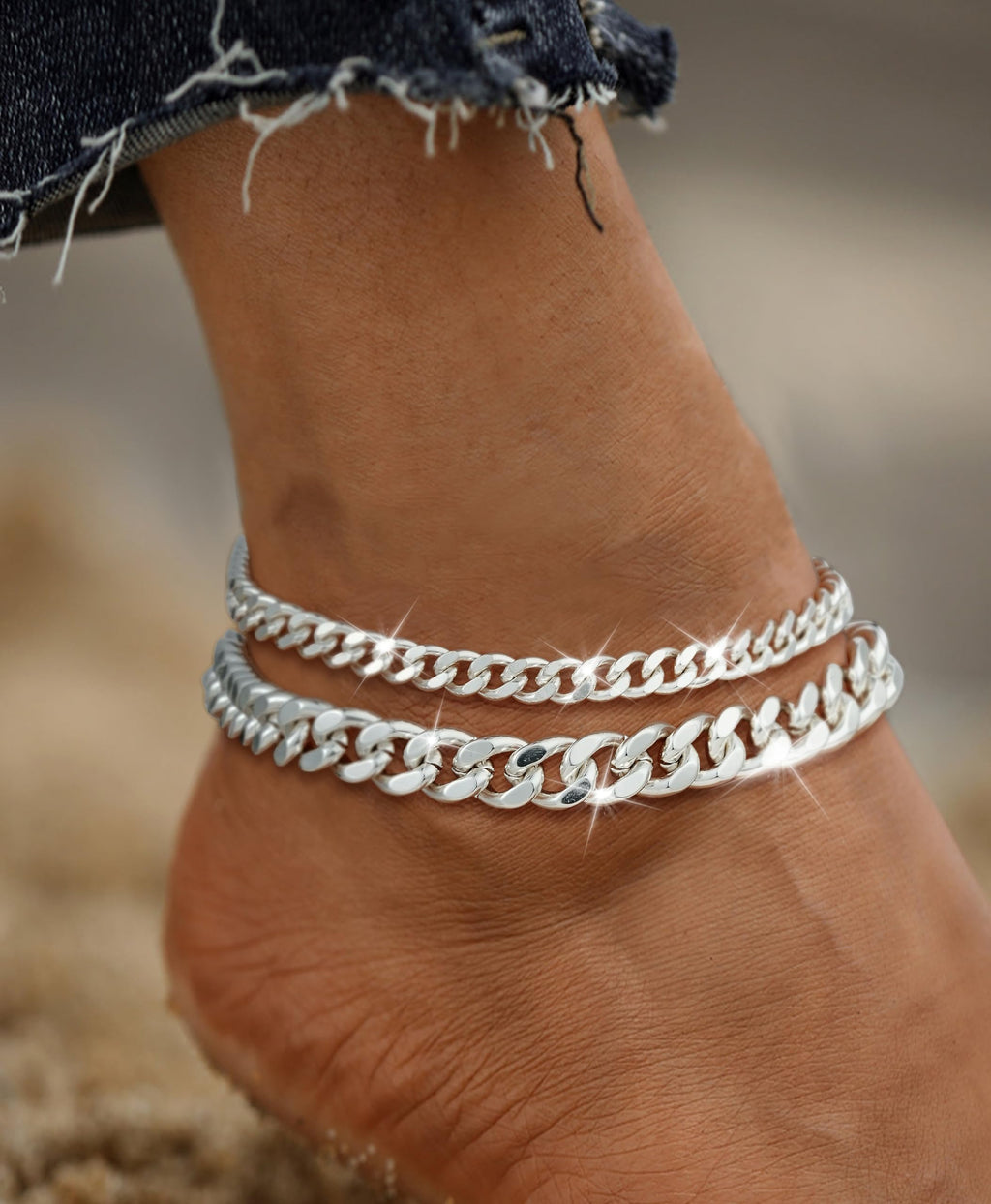 Gold Ankle Bracelets for Women Waterproof - Dainty Gold Anklets Trendy Layered 14K Gold/Silver Plated Stackable Chunky Cuban Link Chian Anklet Bracelet Set for Women Non Tarnish Beach Jewelry Gift