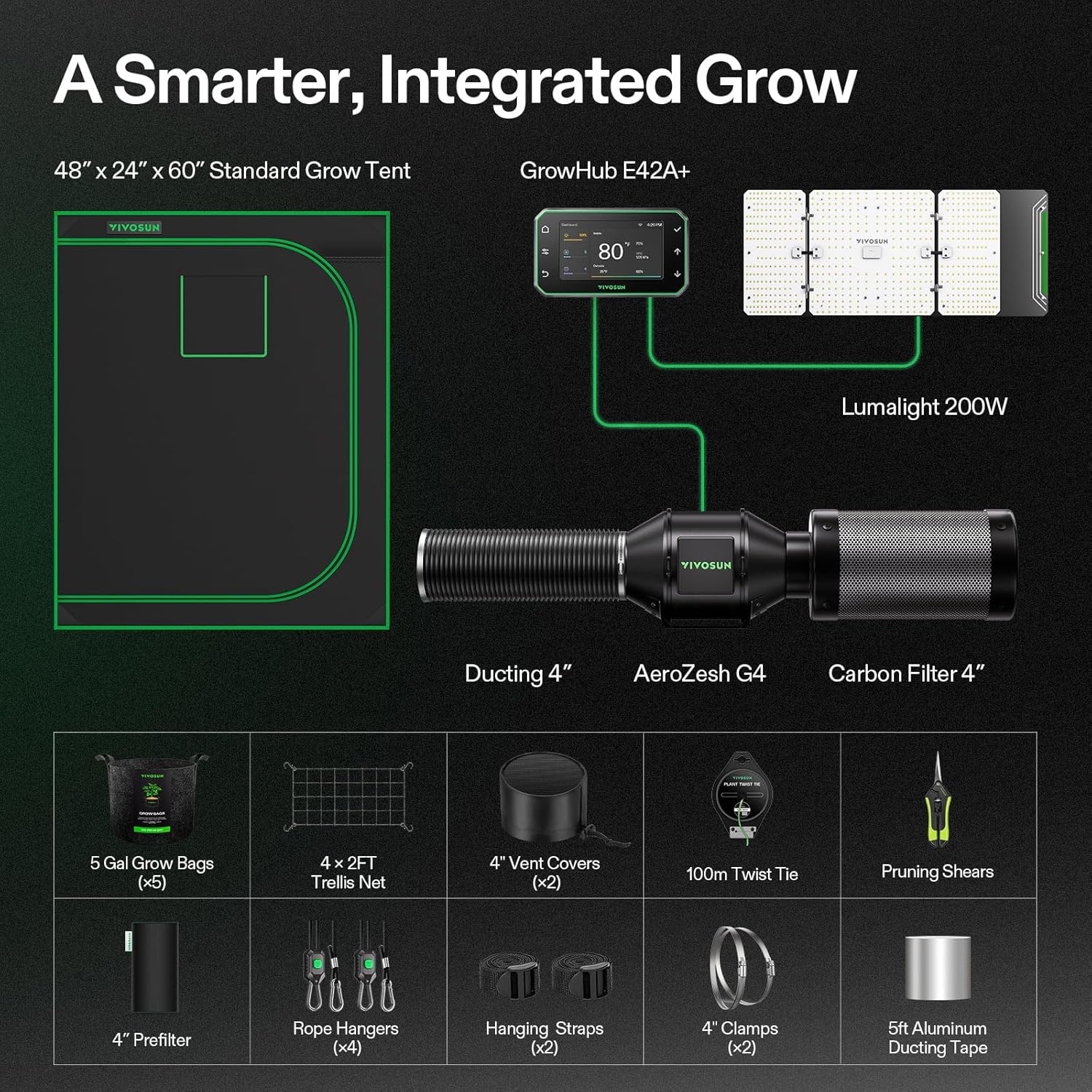VIVOSUN Smart Grow Tent Kit 2x4, 2-Plant WiFi-Integrated Grow System | including 200W Full Spectrum LED,Automatic Control with GrowHub E42A+, Efficient Ventilation System,48x24x60" Grow Tent