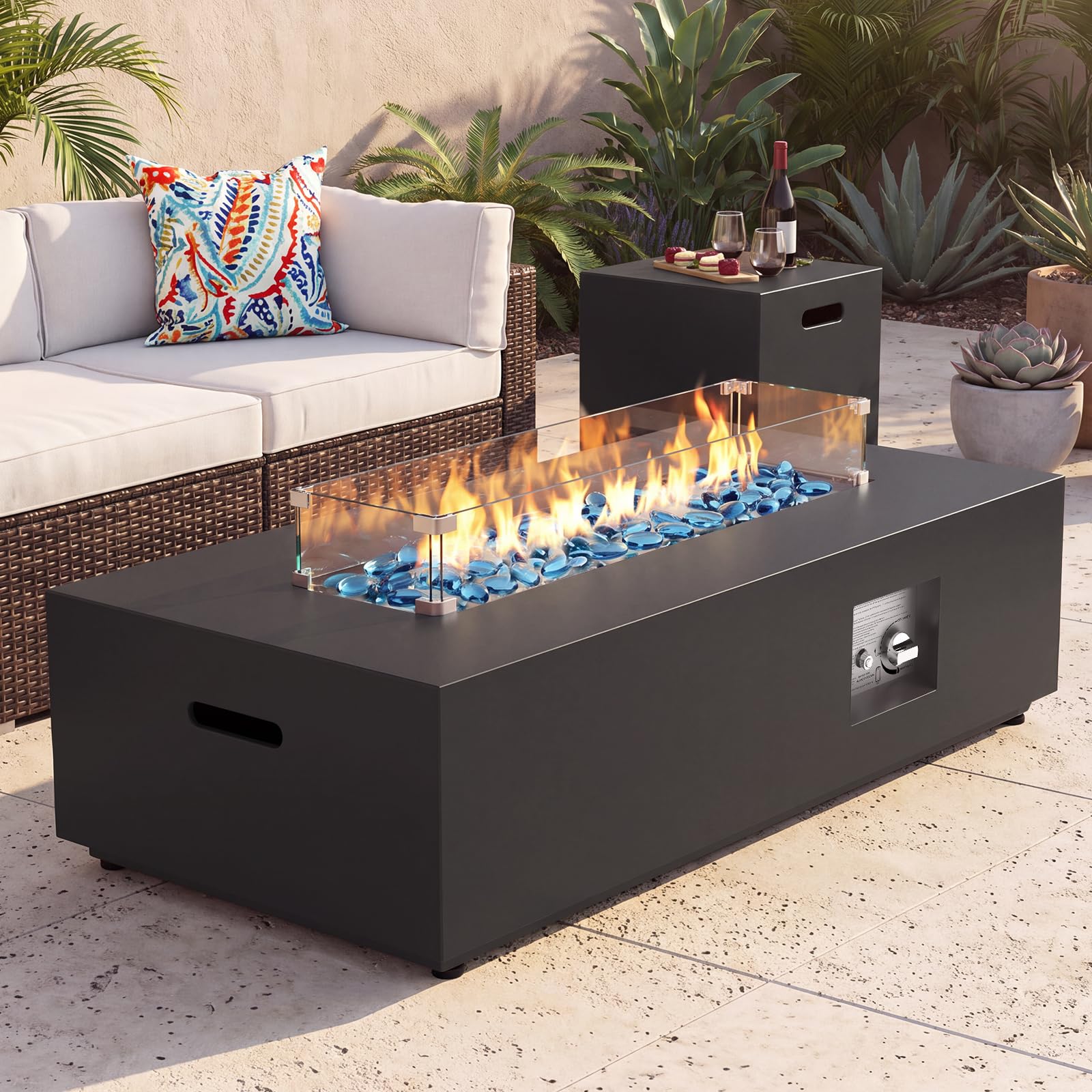 SUNPEAK 42" Modern Fire Pit Table with LED Light 50,000 BTU Deck Fire Pit Table Includes Wind Guard, Lid, Rocks & Cover - Propane Gas Patio Fireplace, Chimenea para Patio (Grey/Golden Light, 42" LED)