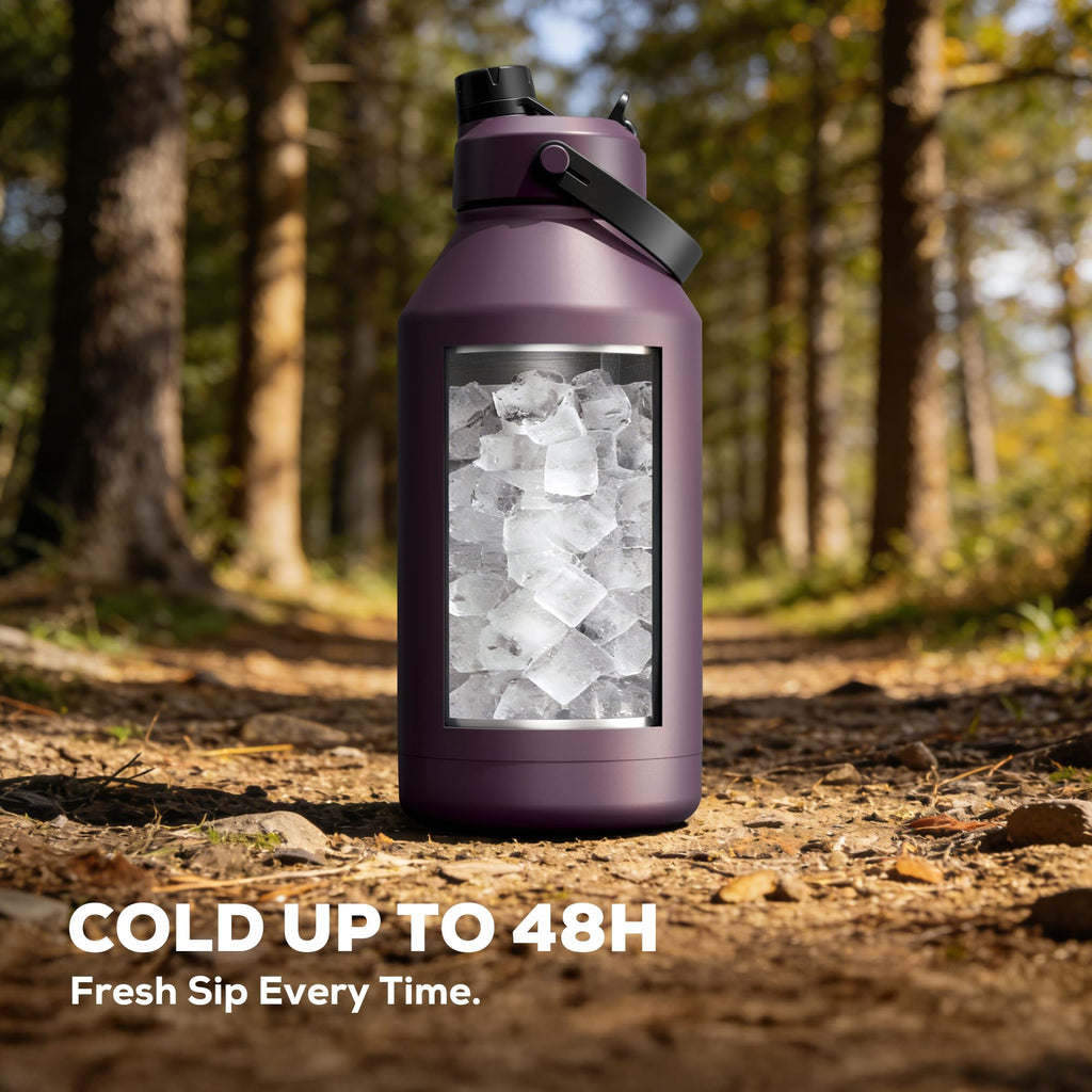 POWCAN 64 oz Insulated Water Bottle for Sports: 2-in-1 Straw & Spout Lid, Leakproof, Carrier Bag, Shoulder Strap, Keep Cold 48H, BPA-Free, Half Gallon Metal Water Jug for Gym, Travel, Gift (Midnight)