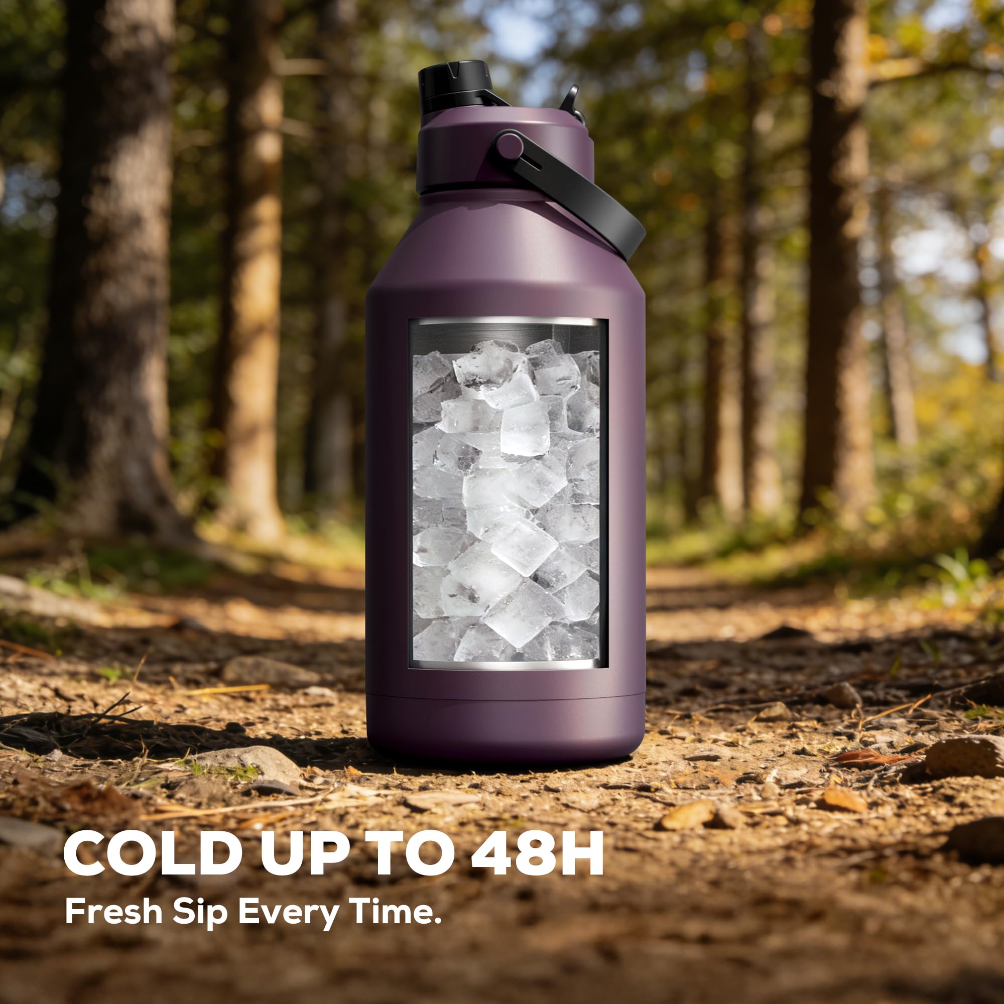 POWCAN 64 oz Insulated Water Bottle for Sports: 2-in-1 Straw & Spout Lid, Leakproof, Carrier Bag, Shoulder Strap, Keep Cold 48H, BPA-Free, Half Gallon Metal Water Jug for Gym, Travel, Gift (Midnight)