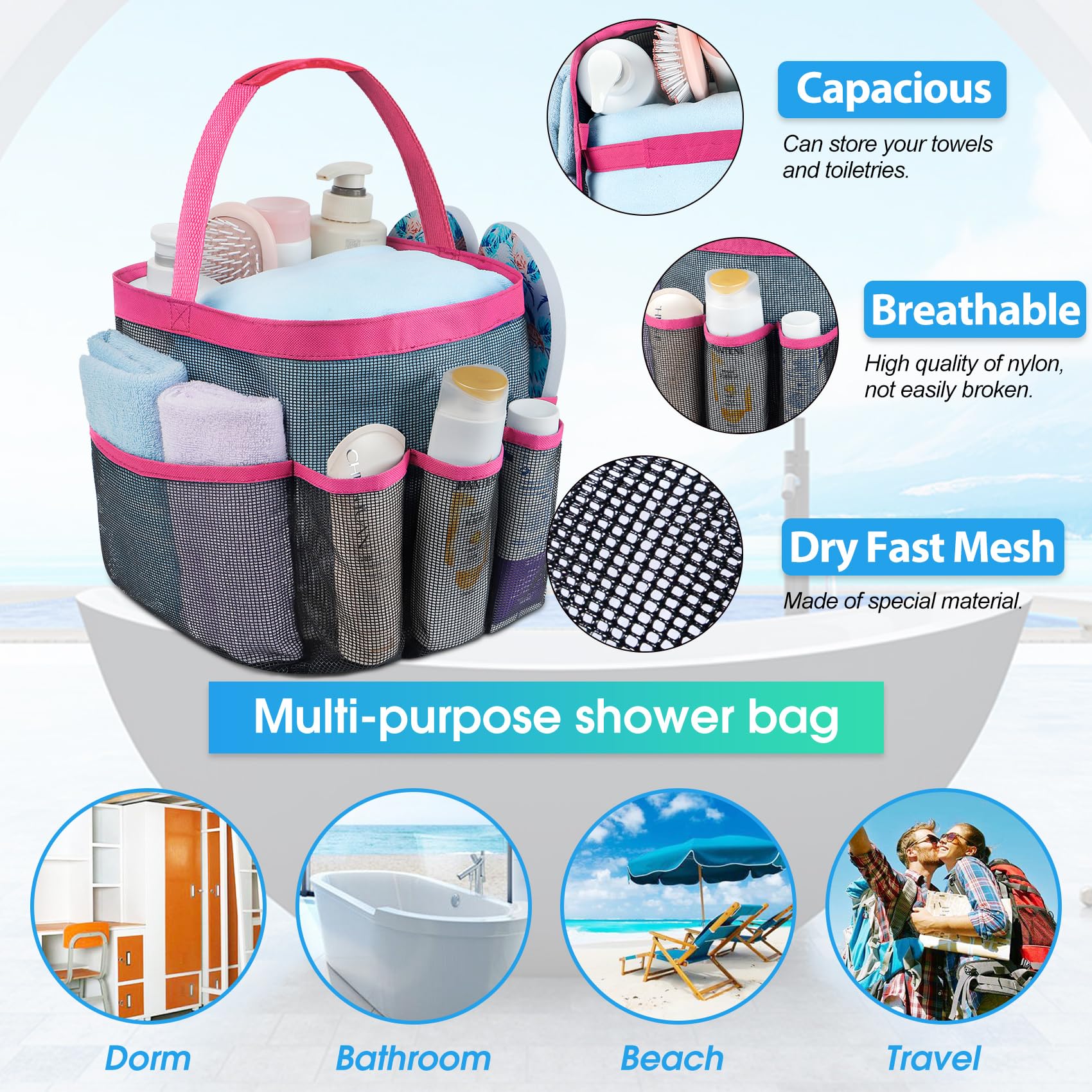 Attmu Mesh Shower Caddy Portable for College Dorm Room Camping Essentials, Shower Caddy Dorm with 9-Pockets, Large Capacity Hanging Basket Bathroom Bag for Toiletry, Swimming, Gym, Camp, Beach