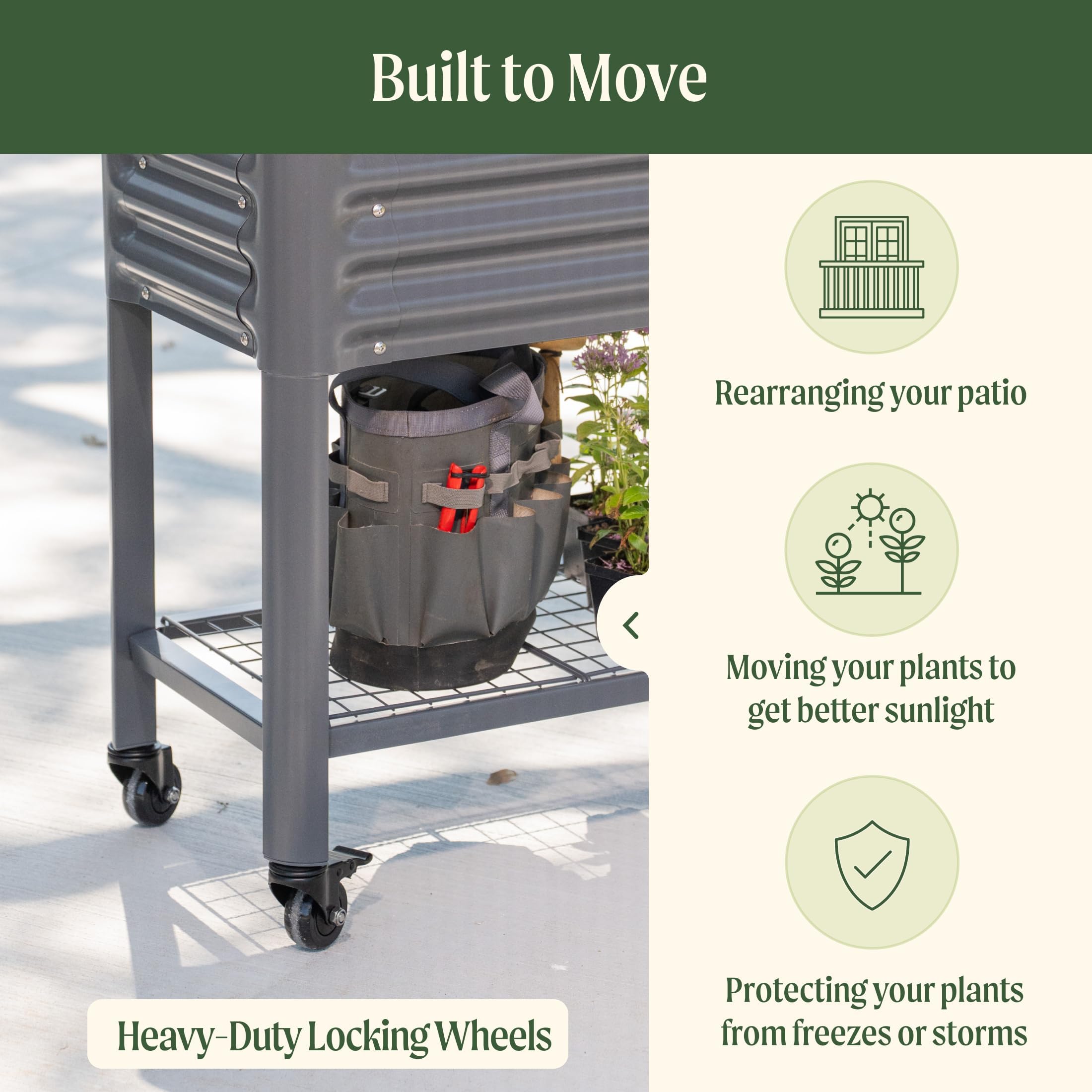 Rolling Elevated Raised Garden Bed, 2' x 4' Outdoor Planters Boxes with Legs & Storage Rack for Patio, 700 Lbs Weight Capacity, Raised Beds for Gardening Herbs Flowers, Pearl White