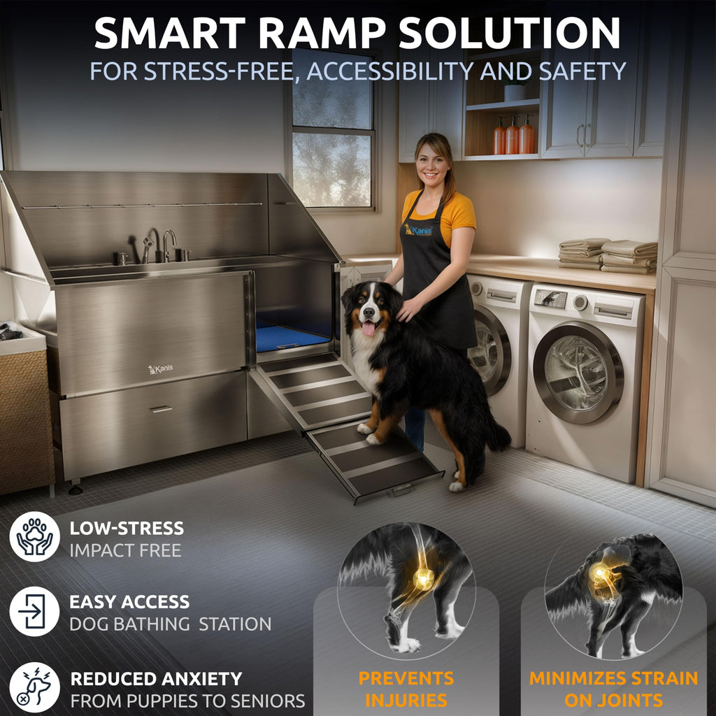 KANIS Professional Dog Washing Station 304 Stainless Steel Pet Wash Sink & Grooming Bathtub w/Shower, Floor Grates and Storage for Large, Medium & Small Pets (Silver, 50 Inches, Right Ramp, 1 Drawer)