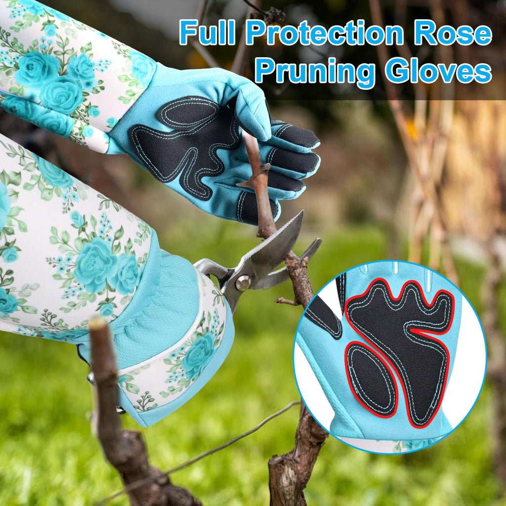 DLY Garden Gloves for Women,Gardening Gloves,Gardening Gift for Lady,Blue,M | Thornproof Cowhide Palm, Foam-Padded Grip, Long Sunflower Print Cuff, 3-Finger Touchscreen, Rose Pruning, Weeding & Yard Work