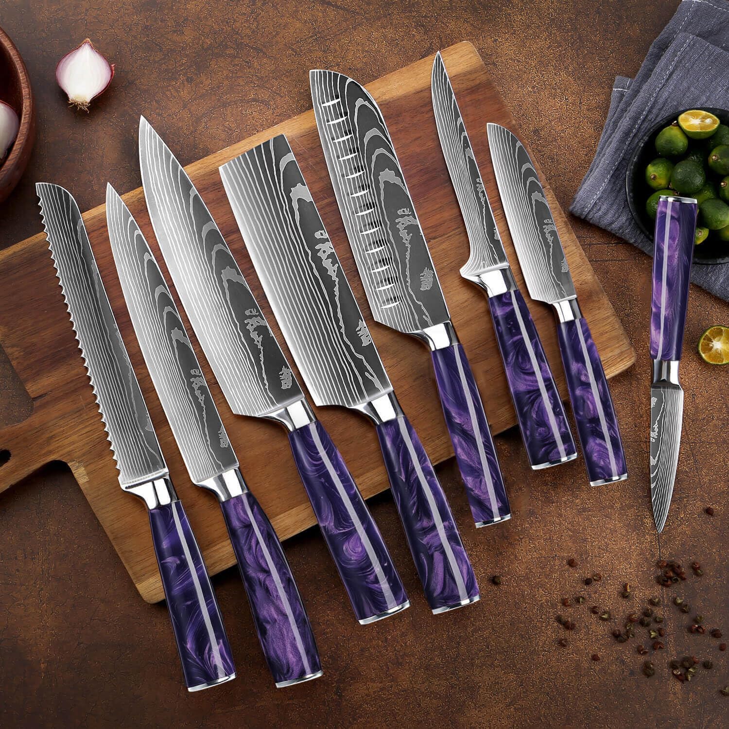 SENKEN 16-Piece Knife Block Set - Japanese High Carbon Stainless Steel with Damascus Pattern, Dark Wood Handles, 6 Steak Knives & Acacia Hardwood Block (Brown)