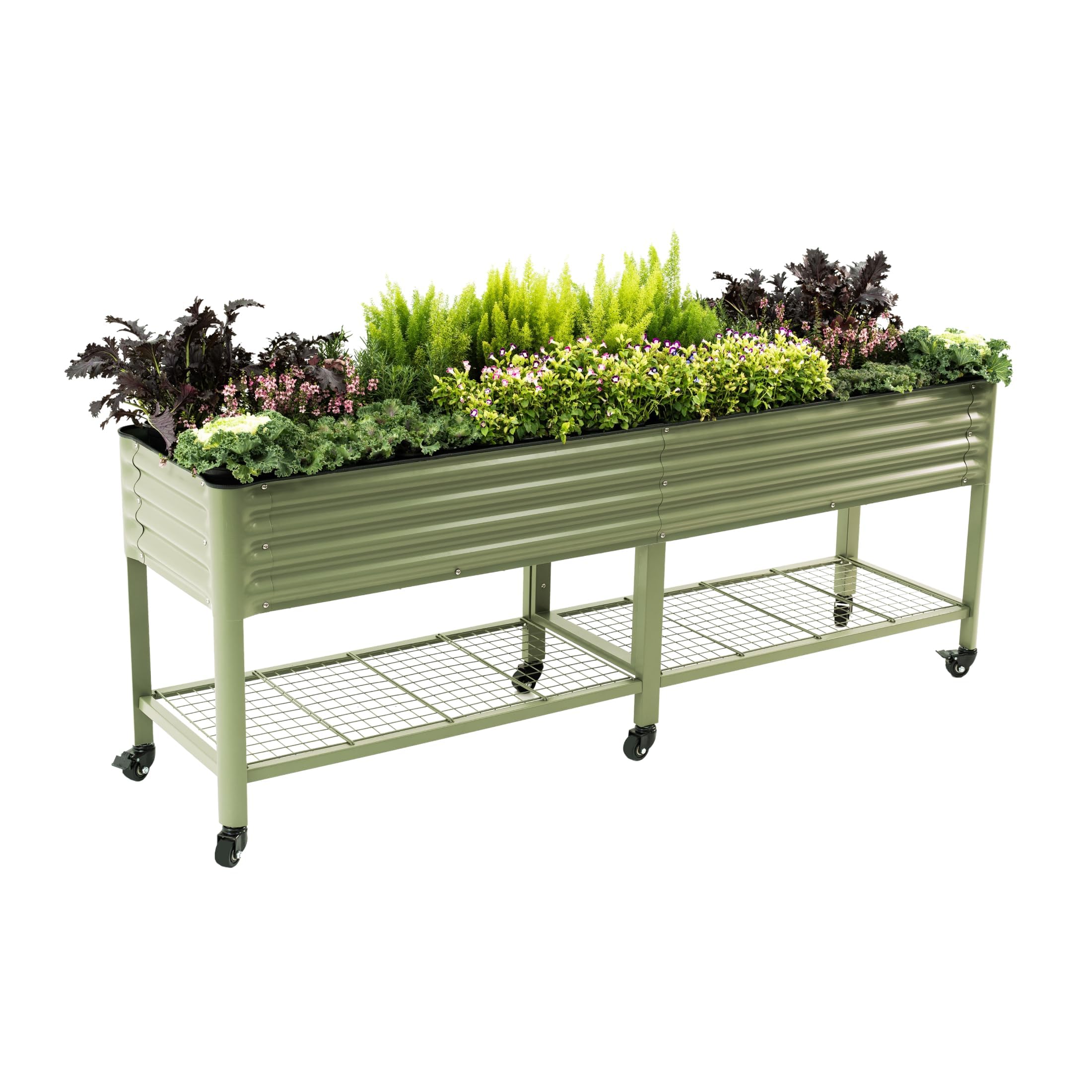 Rolling Elevated Raised Garden Bed, 2' x 4' Outdoor Planters Boxes with Legs & Storage Rack for Patio, 700 Lbs Weight Capacity, Raised Beds for Gardening Herbs Flowers, Pearl White