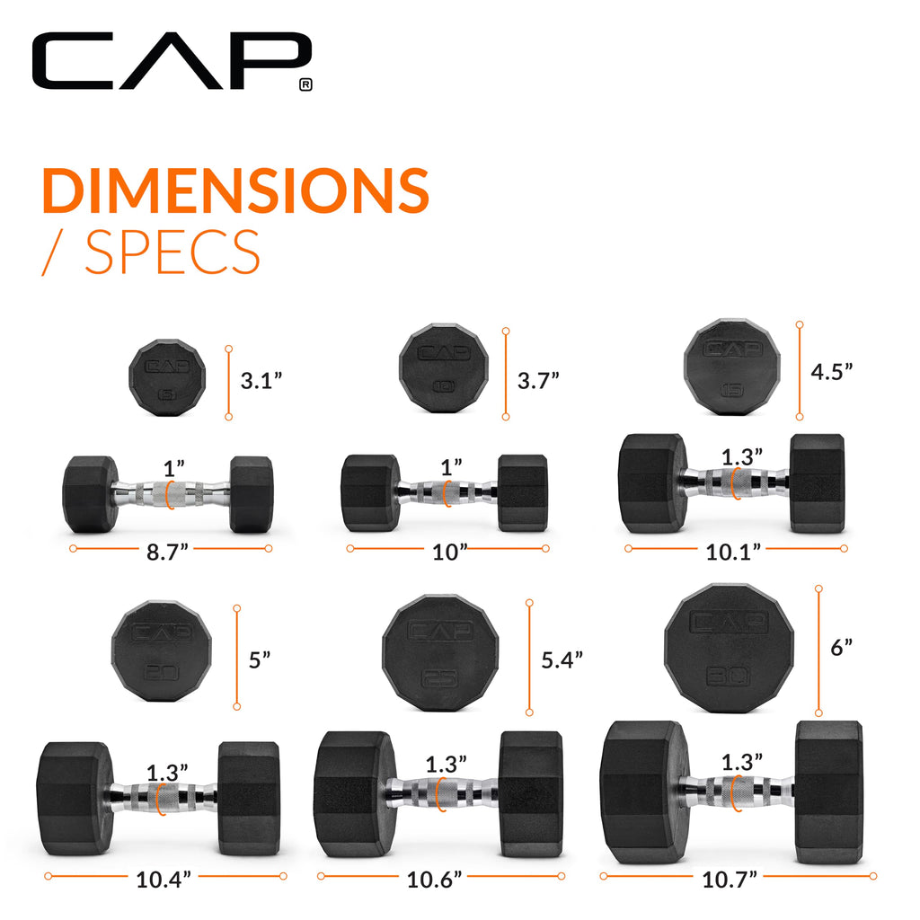 CAP Rubber Coated Hex Dumbbell Set with Storage Rack | 100–210 lb Options, Space-Saving Vertical Compact Storage for Home Gym Strength Training