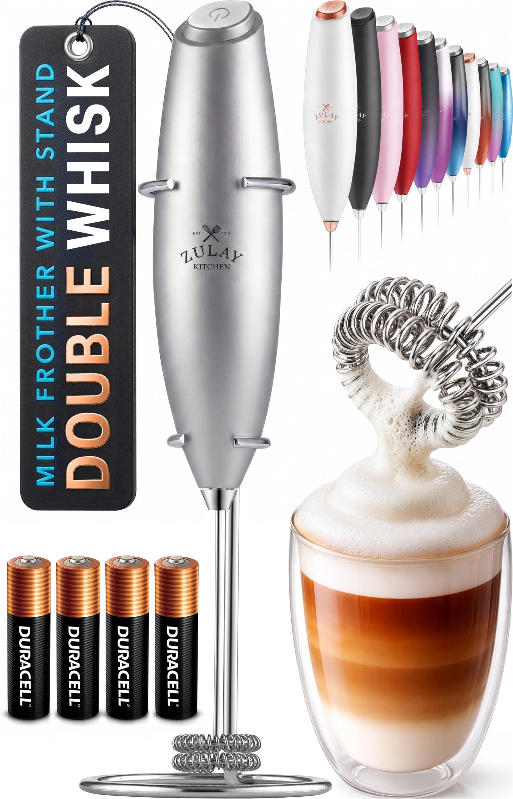 Zulay Kitchen Powerful Milk Frother Wand With Duracell Batteries - Ultra Fast Handheld Drink Mixer - Electric Whisk Foam Maker for Coffee, Lattes, Cappuccino & Matcha - Z1 Motor - Black
