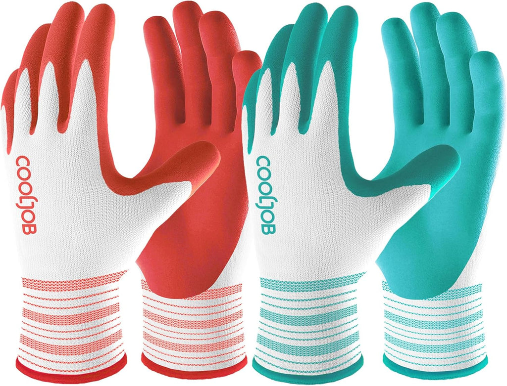 COOLJOB 2 Pairs Gardening Gloves for Women Ladies, Breathable Rubber Coated for Yard Garden, Outdoor Indoor Protective Work with Grip, Medium Size, Red & Green | Red & Blue, Textured Latex Palm, Breathable Polyester Liner, Flexible Fit, Machine Washable,