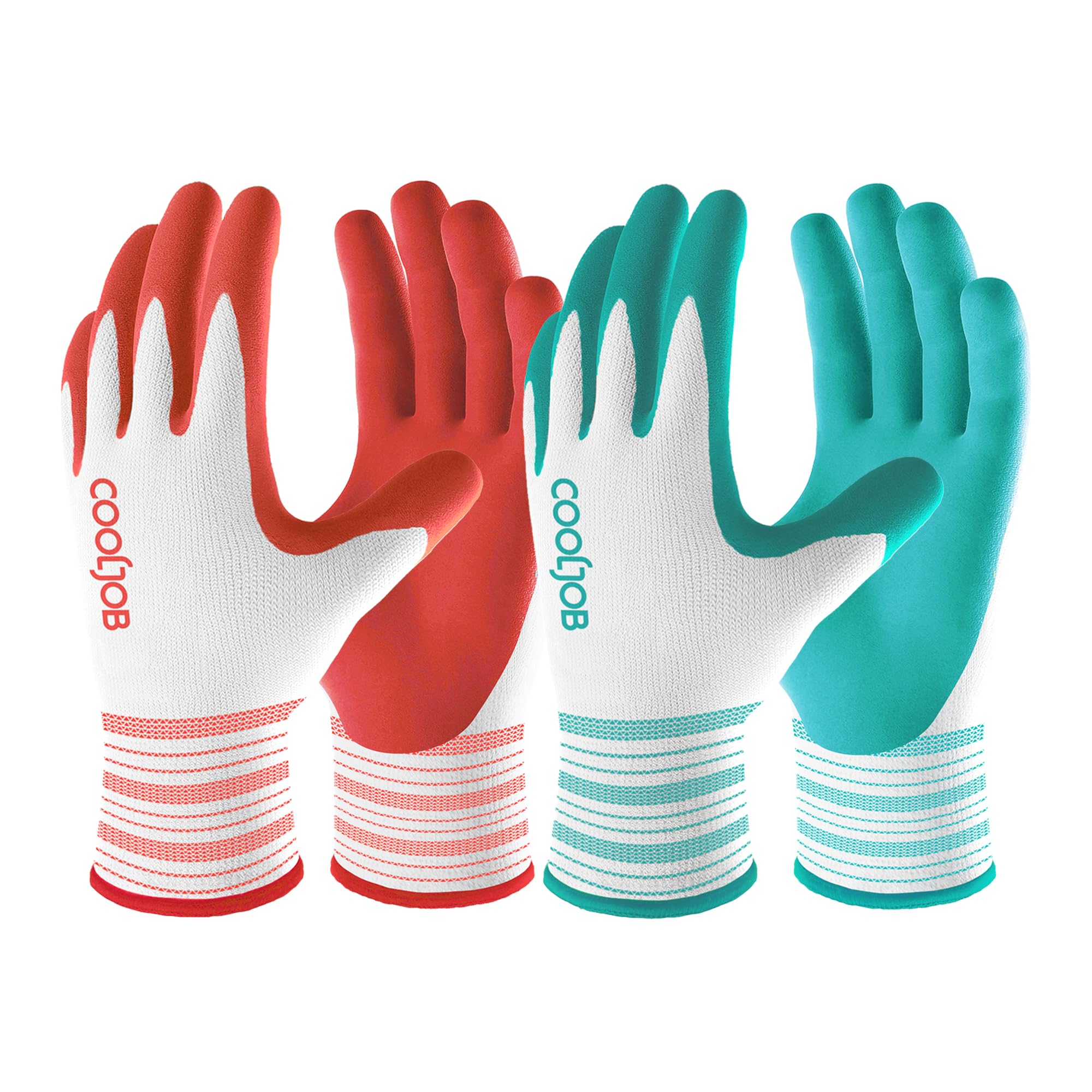 COOLJOB 2 Pairs Gardening Gloves for Women Ladies, Breathable Rubber Coated for Yard Garden, Outdoor Indoor Protective Work with Grip, Medium Size, Red & Green | Red & Blue, Textured Latex Palm, Breathable Polyester Liner, Flexible Fit, Machine Washable,