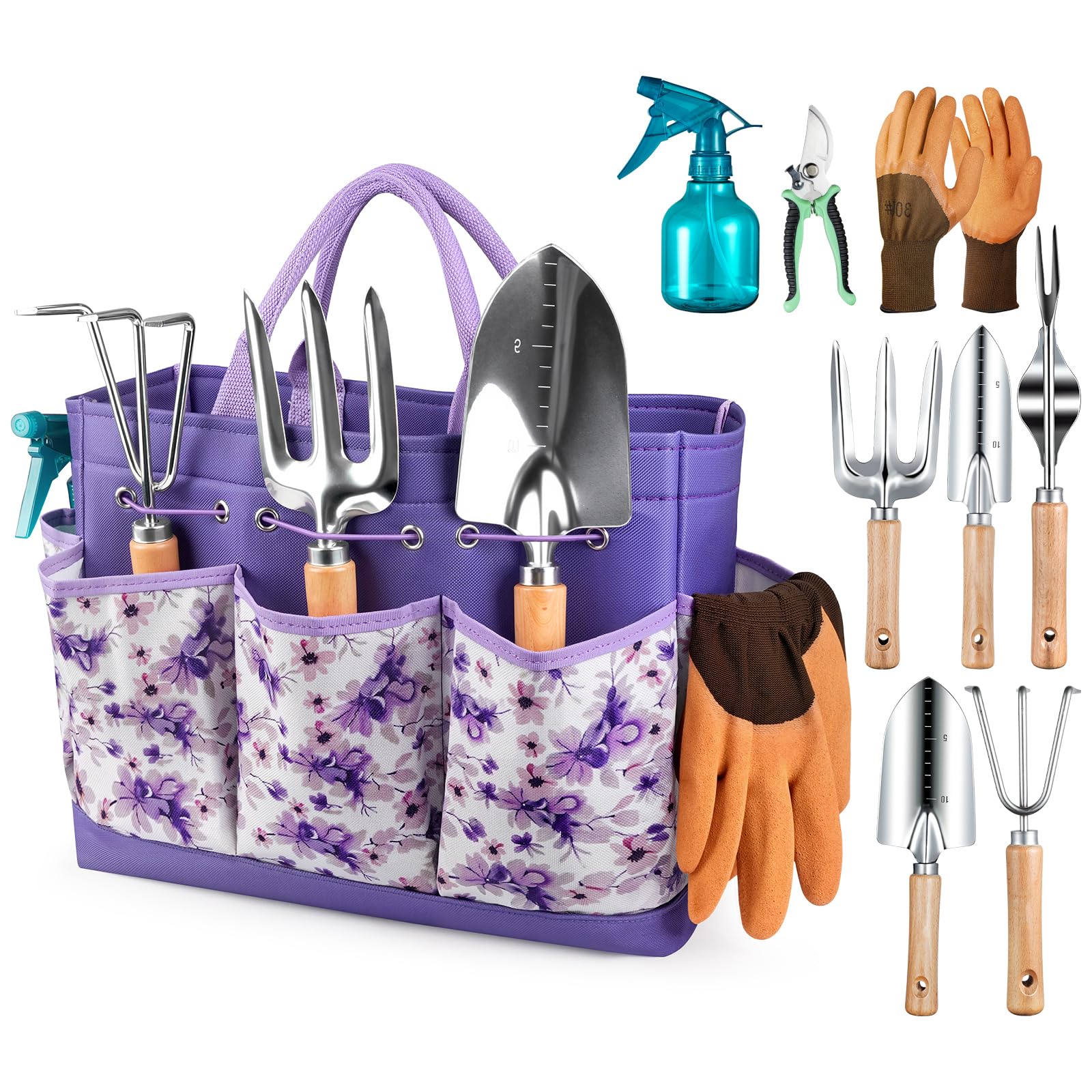Grenebo Gardening Tools 9-Piece Heavy Duty Garden Hand Tools with Fashion and Durable Garden Tools Organizer Handbag, Rust-Proof Garden Tool Set, Ideal Gardening Gifts for Women