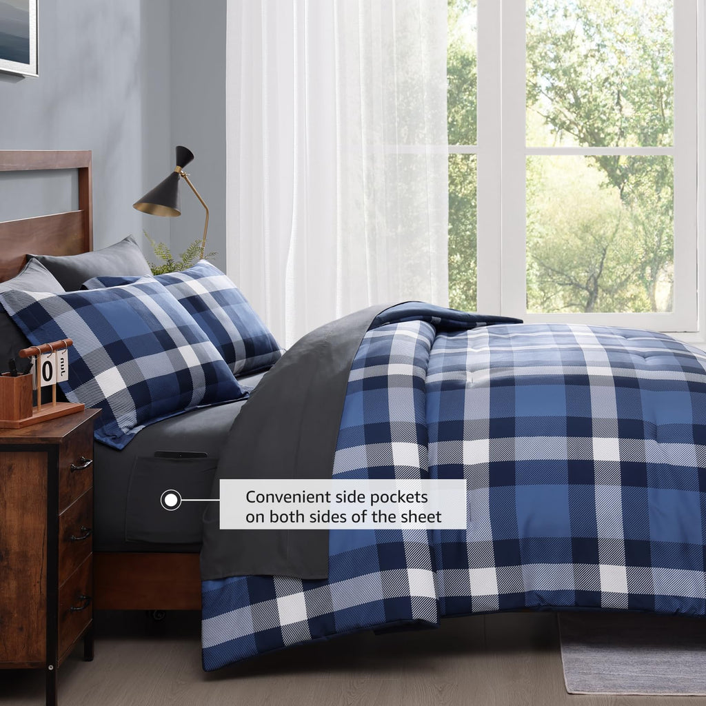 MaiRêve Plaid Twin XL Comforter Set Navy Blue 5 Pieces Dorm Bed in a Bag | Rustic Farmhouse Bedding Sets for Boys Teen with Sheets, Pillowcase & Sham
