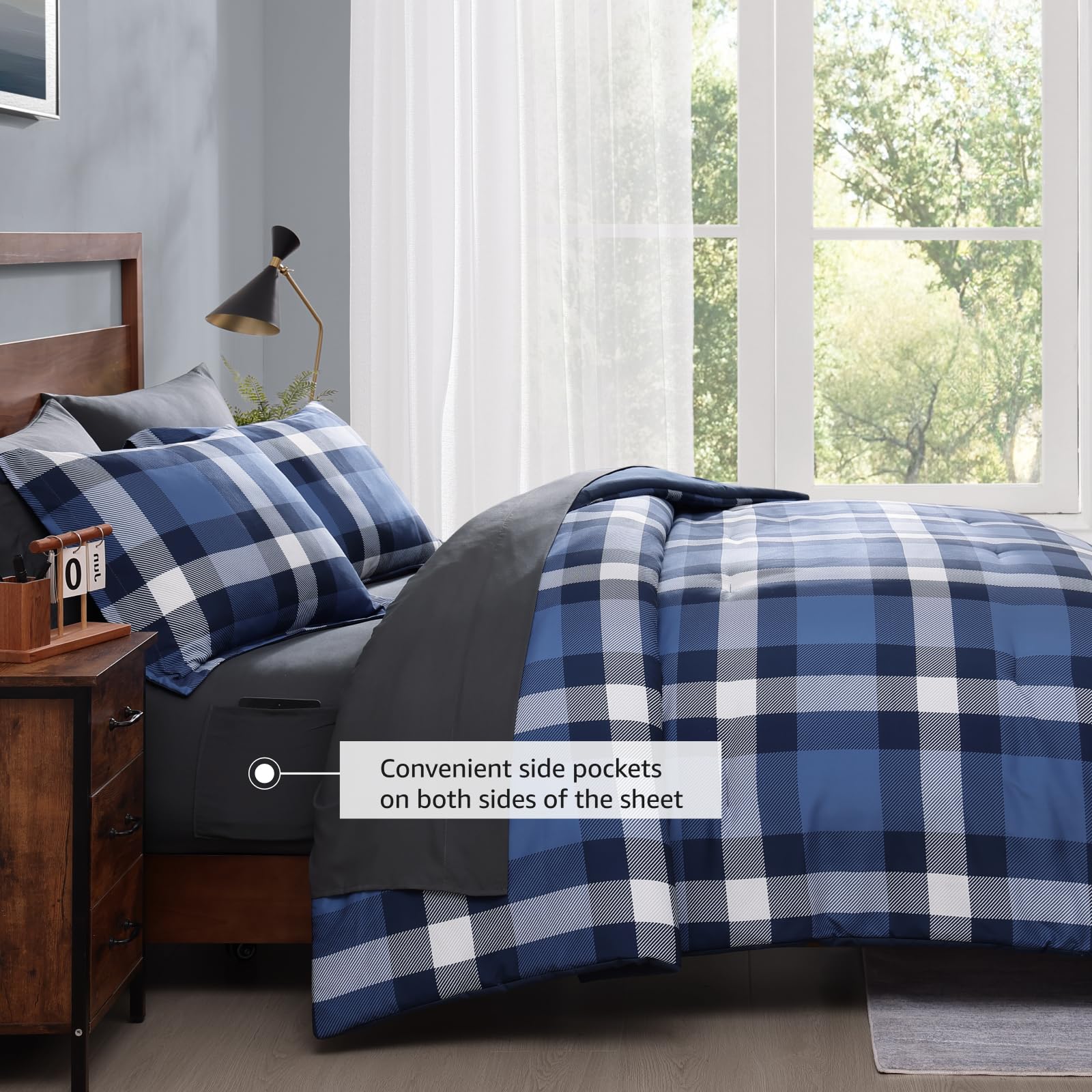MaiRêve Plaid Twin XL Comforter Set Navy Blue 5 Pieces Dorm Bed in a Bag | Rustic Farmhouse Bedding Sets for Boys Teen with Sheets, Pillowcase & Sham