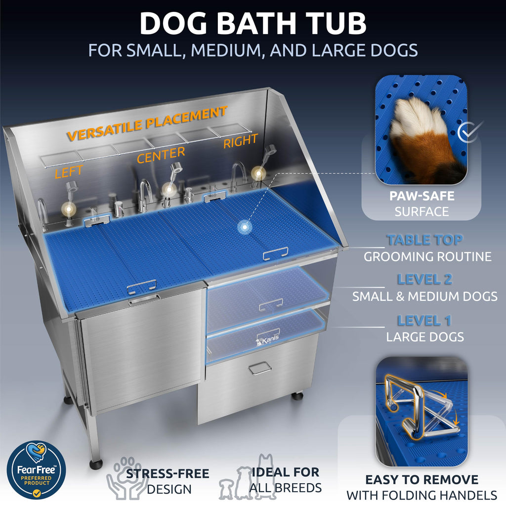 KANIS Professional Dog Washing Station 304 Stainless Steel Pet Wash Sink & Grooming Bathtub w/Shower, Floor Grates and Storage for Large, Medium & Small Pets (Silver, 50 Inches, Right Ramp, 1 Drawer)