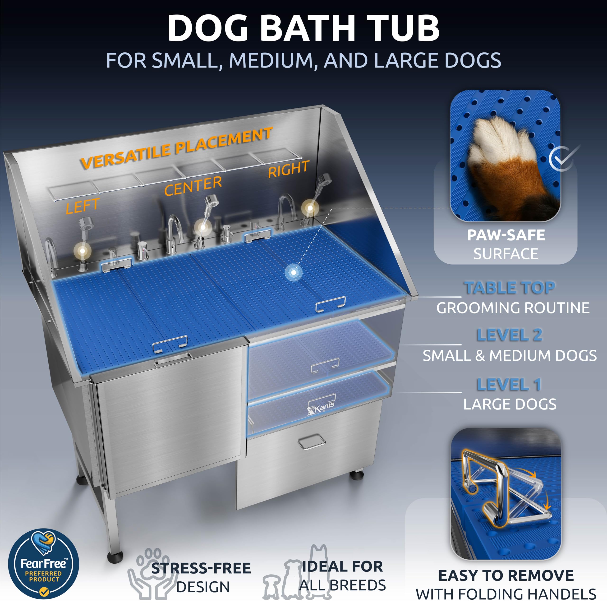 KANIS Professional Dog Washing Station 304 Stainless Steel Pet Wash Sink & Grooming Bathtub w/Shower, Floor Grates and Storage for Large, Medium & Small Pets (Silver, 50 Inches, Right Ramp, 1 Drawer)