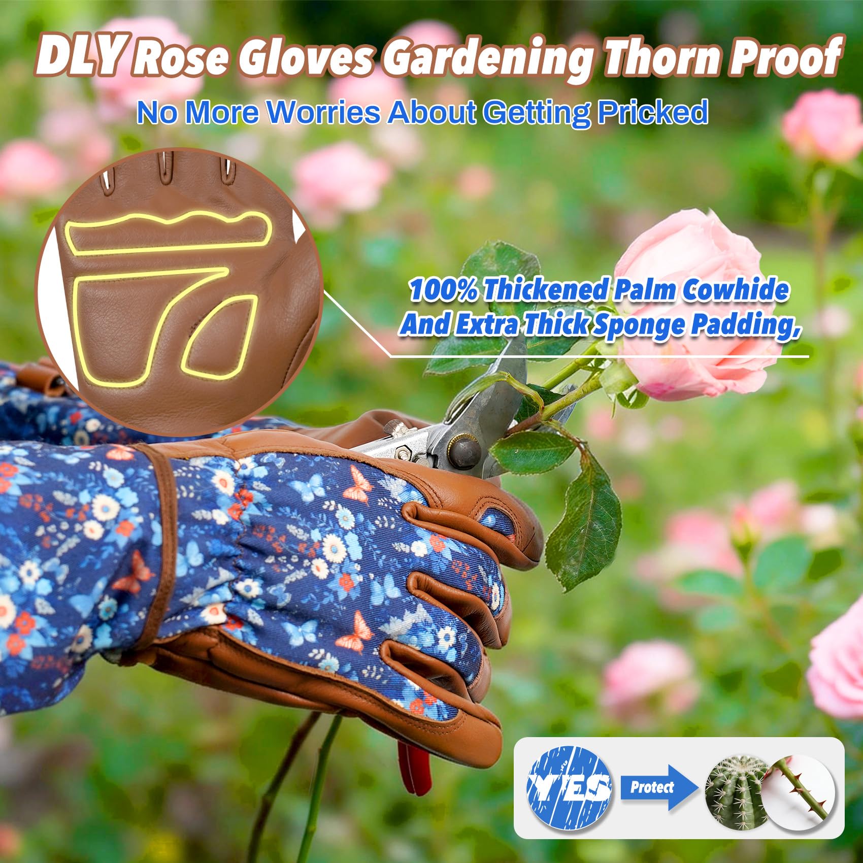 DLY Garden Gloves for Women,Gardening Gloves,Gardening Gift for Lady,Blue,M | Thornproof Cowhide Palm, Foam-Padded Grip, Long Sunflower Print Cuff, 3-Finger Touchscreen, Rose Pruning, Weeding & Yard Work