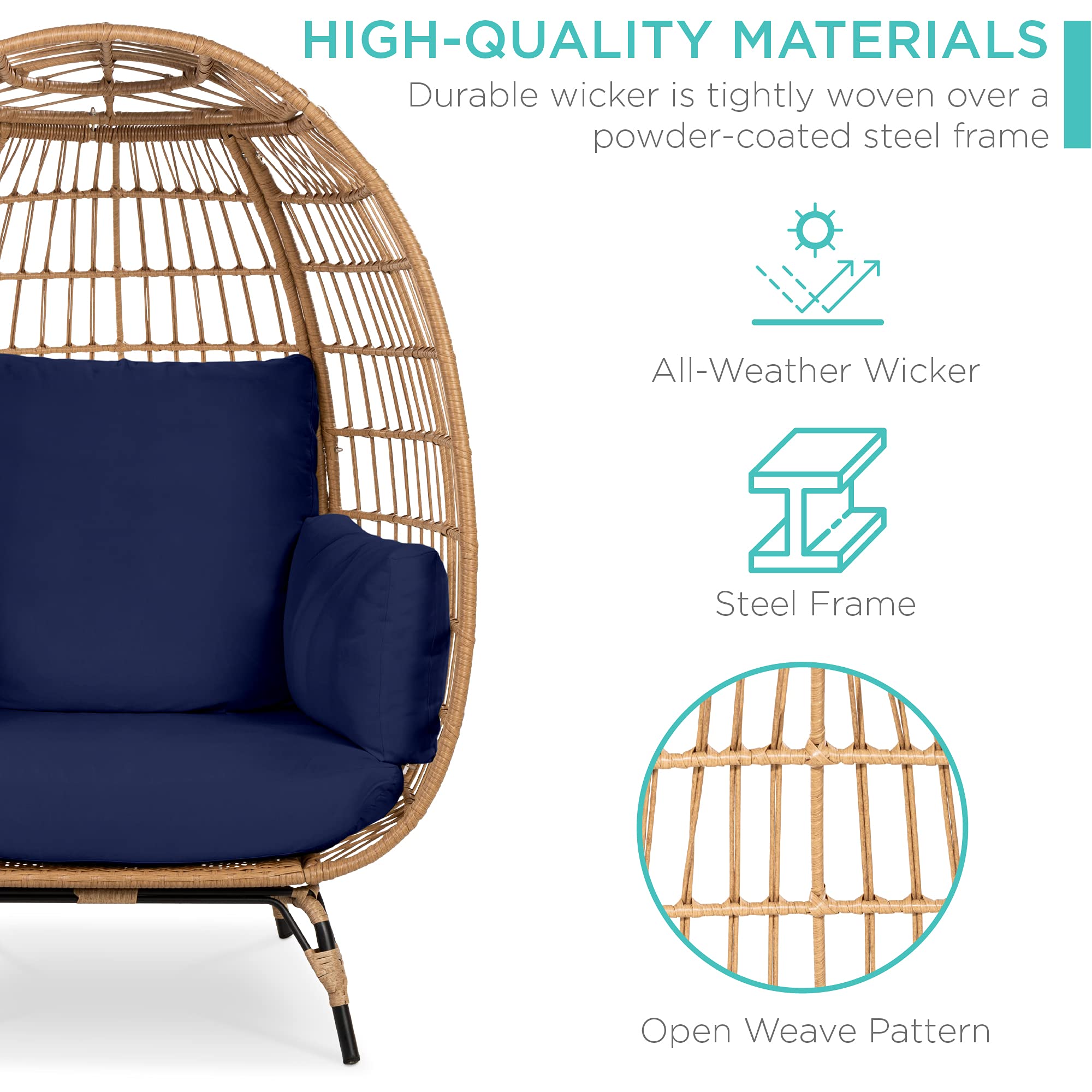 Best Choice Products Wicker Egg Chair, Oversized Indoor Outdoor Lounger for Patio, Backyard, Living Room w/ 4 Cushions, Steel Frame, 440lb Capacity - Black