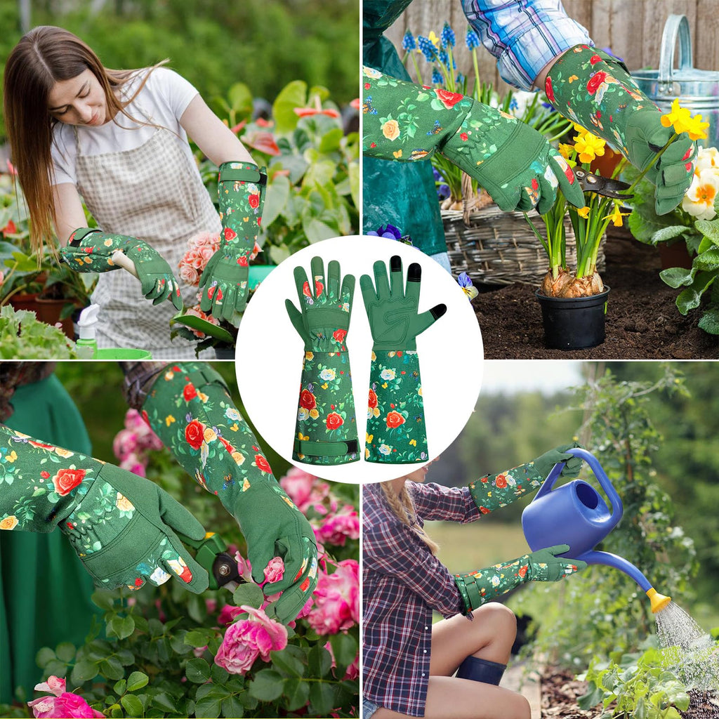 DLY Garden Gloves for Women,Gardening Gloves,Gardening Gift for Lady,Blue,M | Thornproof Cowhide Palm, Foam-Padded Grip, Long Sunflower Print Cuff, 3-Finger Touchscreen, Rose Pruning, Weeding & Yard Work