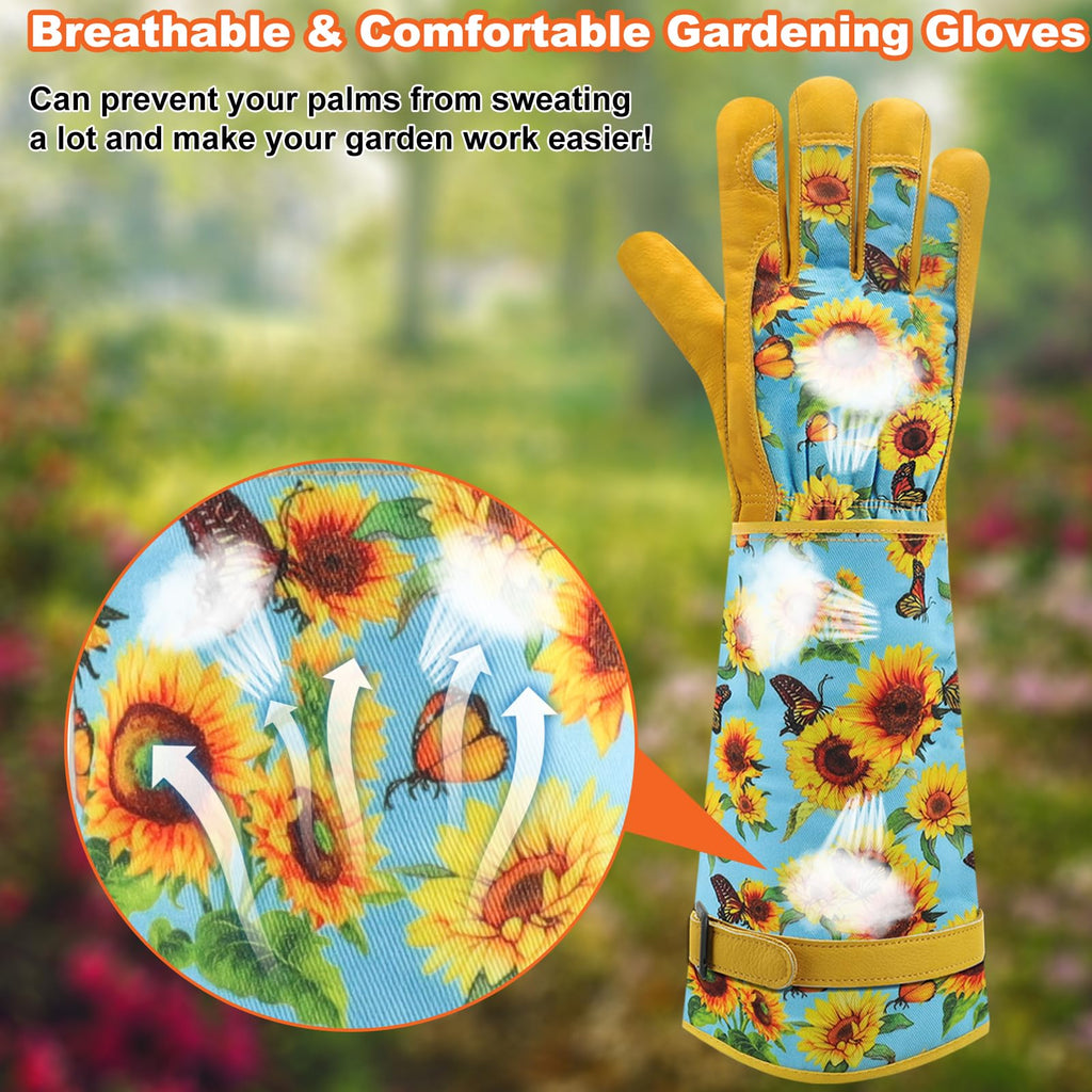 DLY Garden Gloves for Women,Gardening Gloves,Gardening Gift for Lady,Blue,M | Thornproof Cowhide Palm, Foam-Padded Grip, Long Sunflower Print Cuff, 3-Finger Touchscreen, Rose Pruning, Weeding & Yard Work