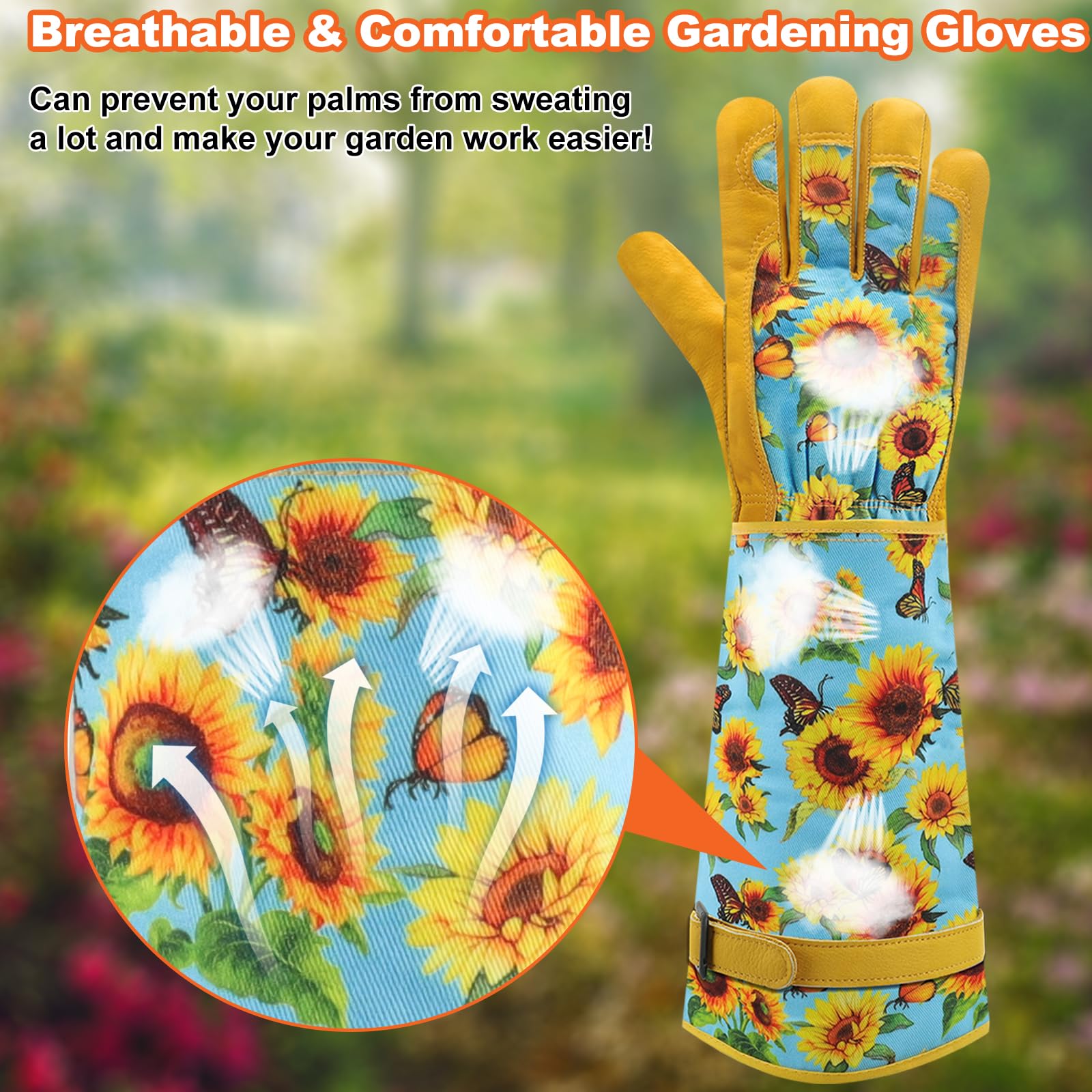 DLY Garden Gloves for Women,Gardening Gloves,Gardening Gift for Lady,Blue,M | Thornproof Cowhide Palm, Foam-Padded Grip, Long Sunflower Print Cuff, 3-Finger Touchscreen, Rose Pruning, Weeding & Yard Work