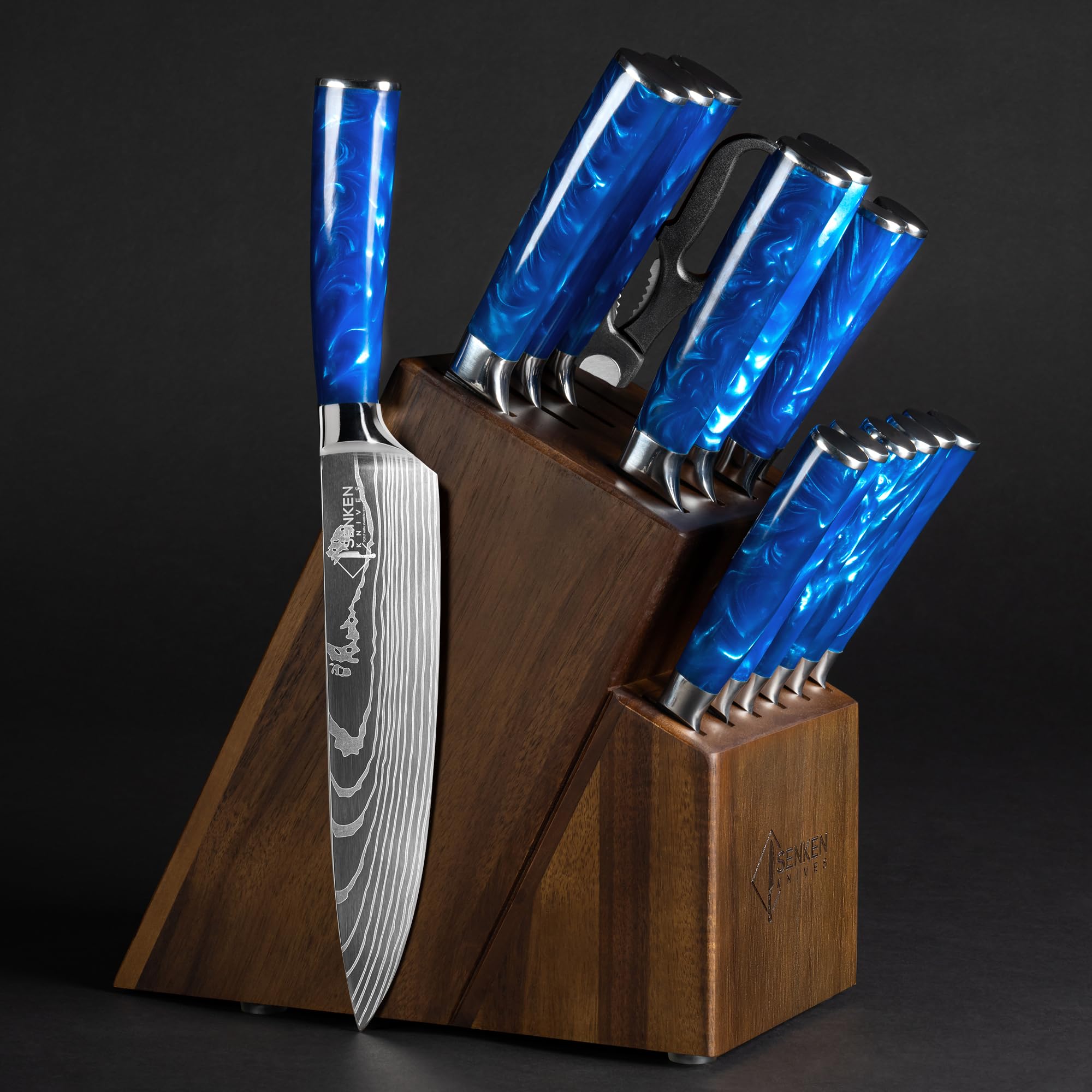 SENKEN 16-Piece Knife Block Set - Japanese High Carbon Stainless Steel with Damascus Pattern, Dark Wood Handles, 6 Steak Knives & Acacia Hardwood Block (Brown)