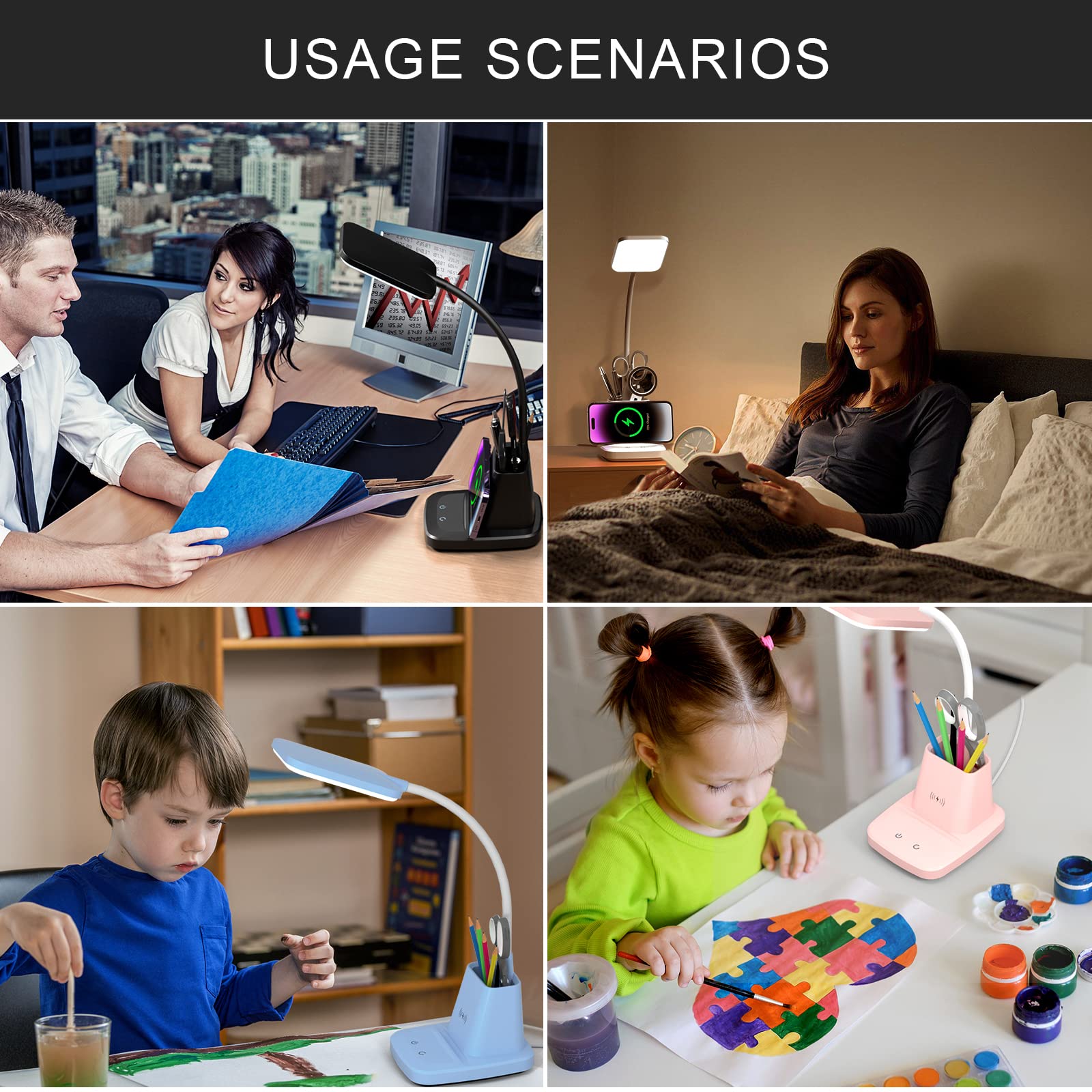 LED Desk Lamp with Wireless Charger for Home Office, Black | 3 Color Modes Dimmable Eye-Caring Study Desk Light for College Dorm Room, 360° Flexible Arm, Built-in Pen Holder, 800 Lumen