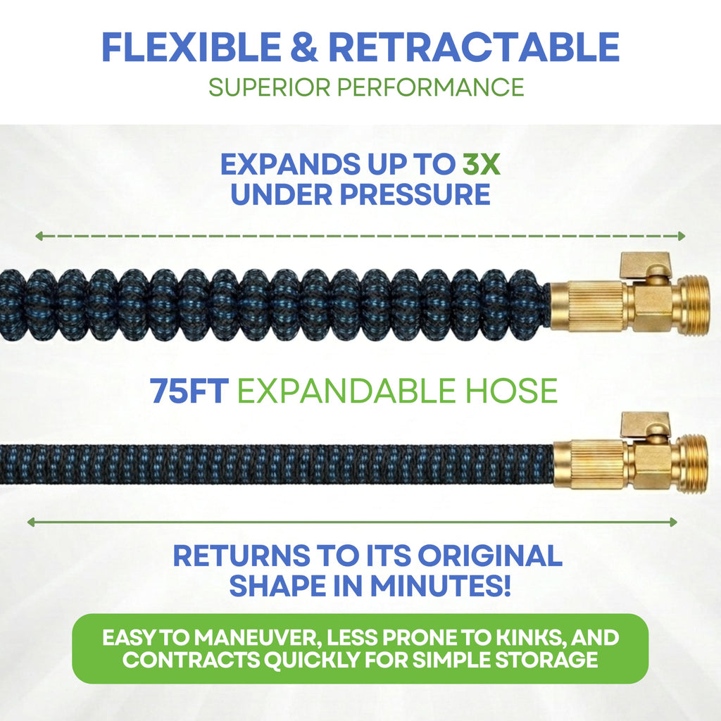 J&B XpandaHose 75ft Expandable Garden Hose, Lightweight, Brass Connectors | Ultra Strong 3750D fabric, 4-layer latex core, expands 3X, kink & leak-resistant, 10-pattern nozzle, storage bag
