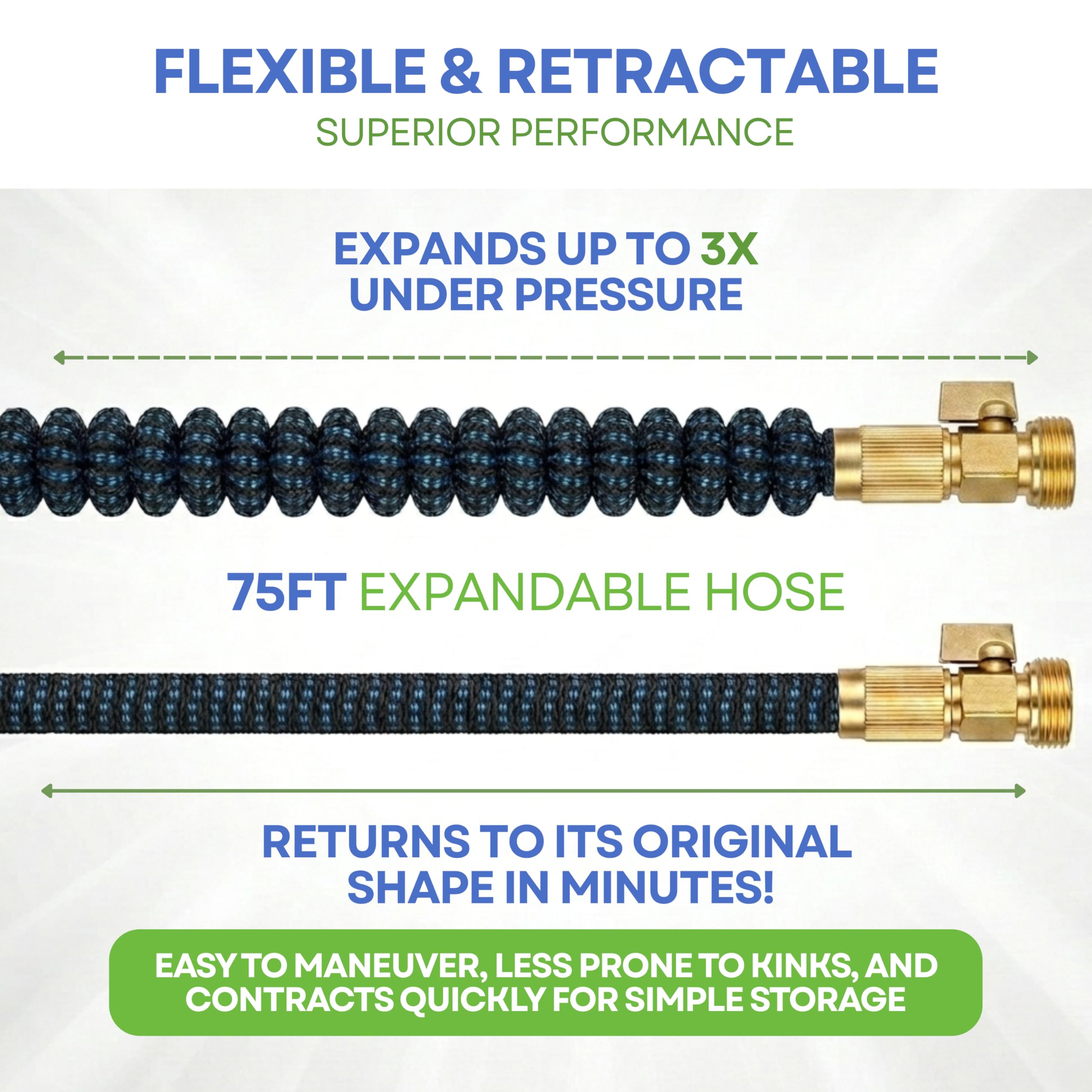 J&B XpandaHose 75ft Expandable Garden Hose, Lightweight, Brass Connectors | Ultra Strong 3750D fabric, 4-layer latex core, expands 3X, kink & leak-resistant, 10-pattern nozzle, storage bag