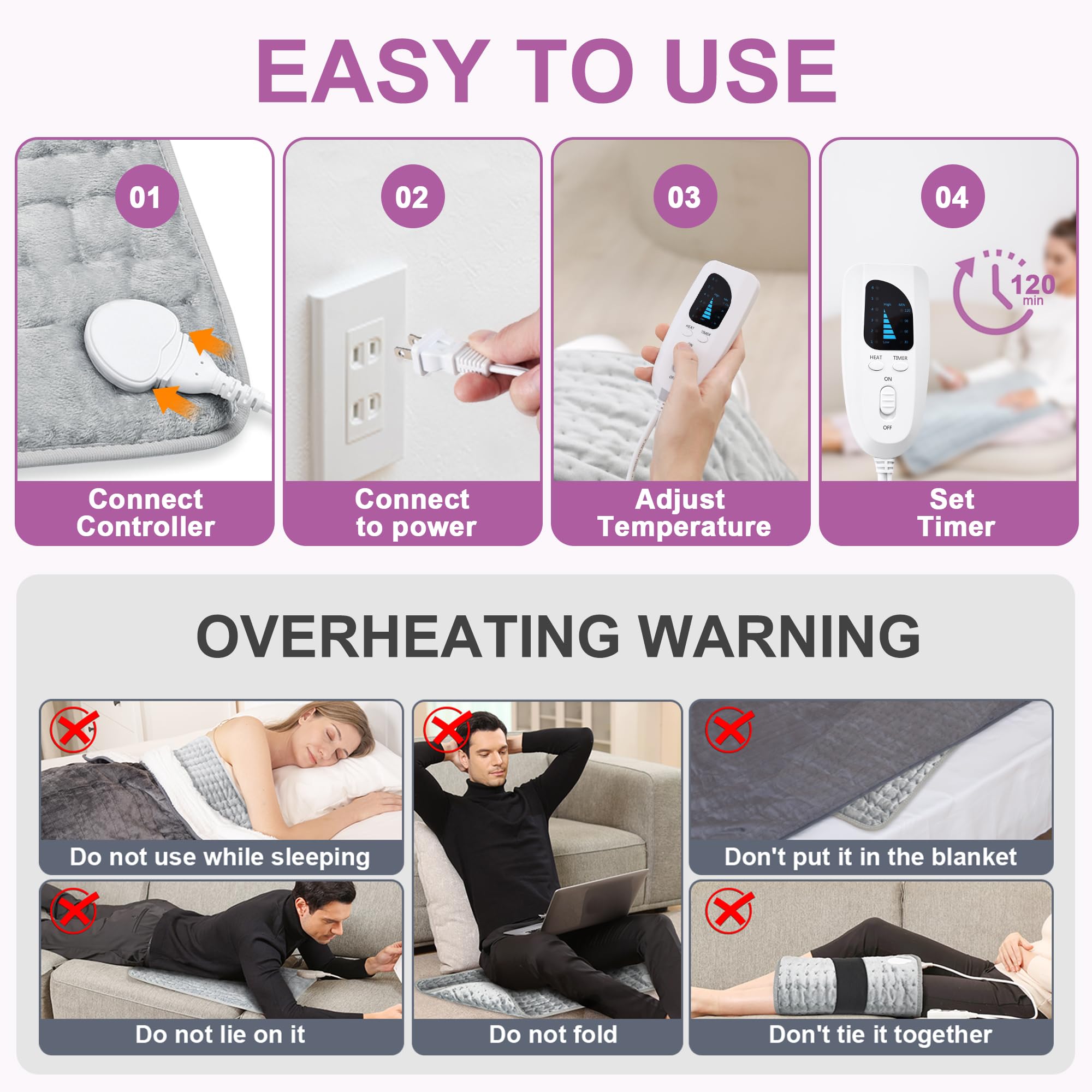Heating Pad,Heated Blanket,Heating Pad for Back Neck,Silvergray,24x12In | Electric Heating Pad,Dry/Moist Heat Heating Pads,Heating Pads for Shoulder,Abdomen,Knee,Heat Pad for Women Men,Birthday Gift
