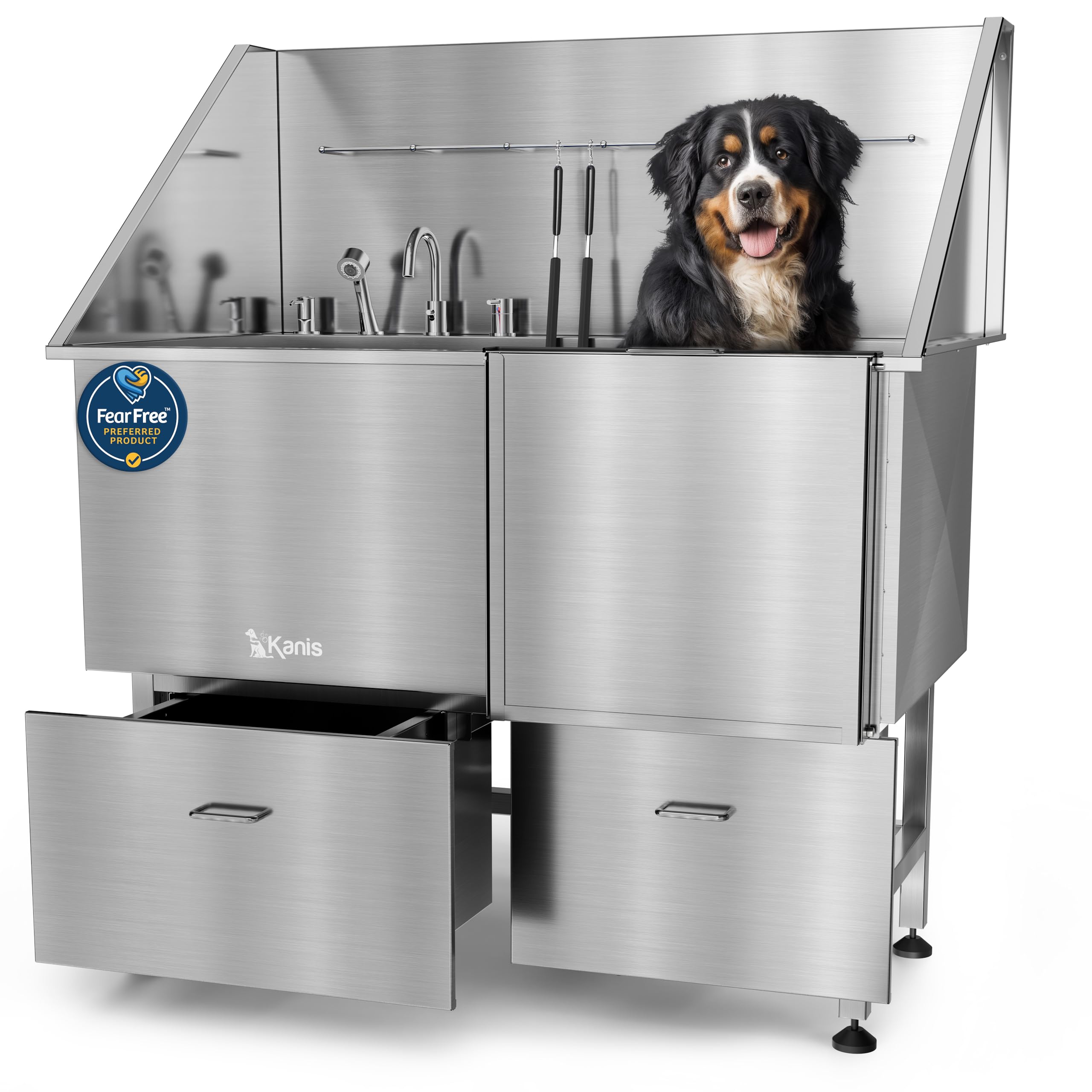 KANIS Professional Dog Washing Station 304 Stainless Steel Pet Wash Sink & Grooming Bathtub w/Shower, Floor Grates and Storage for Large, Medium & Small Pets (Silver, 50 Inches, Right Ramp, 1 Drawer)