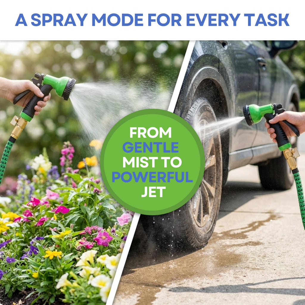 J&B XpandaHose 75ft Expandable Garden Hose, Lightweight, Brass Connectors | Ultra Strong 3750D fabric, 4-layer latex core, expands 3X, kink & leak-resistant, 10-pattern nozzle, storage bag