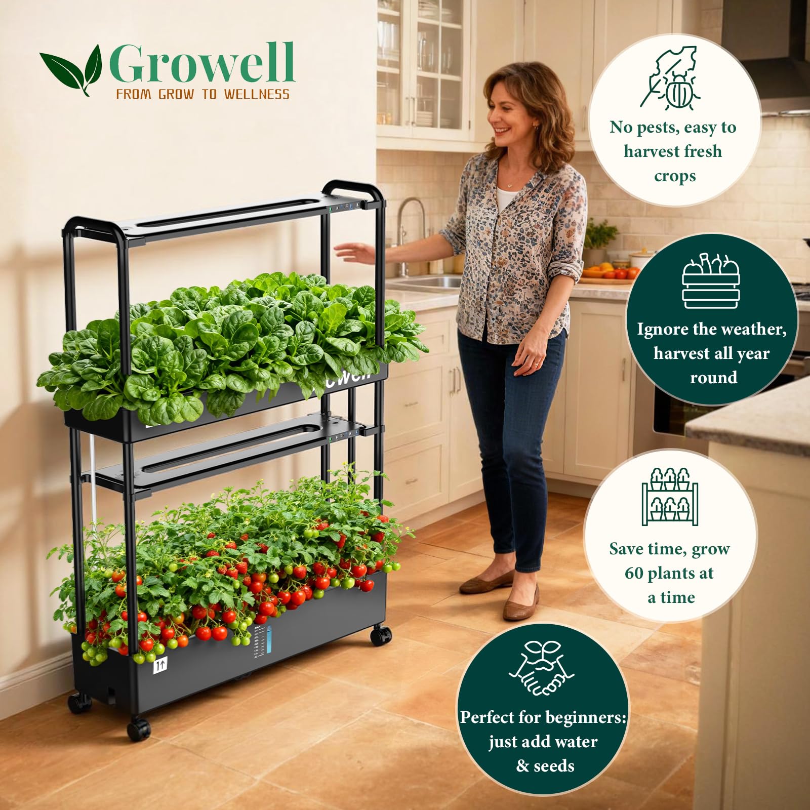Growell Large Hydroponics Growing System Kit, 90 Pods Vertical Hydroponic Garden with 2 Light Modes Grow Light, Auto Circulating Water System, 40L Indoor Gardening System for Herb Vegetable Fruit
