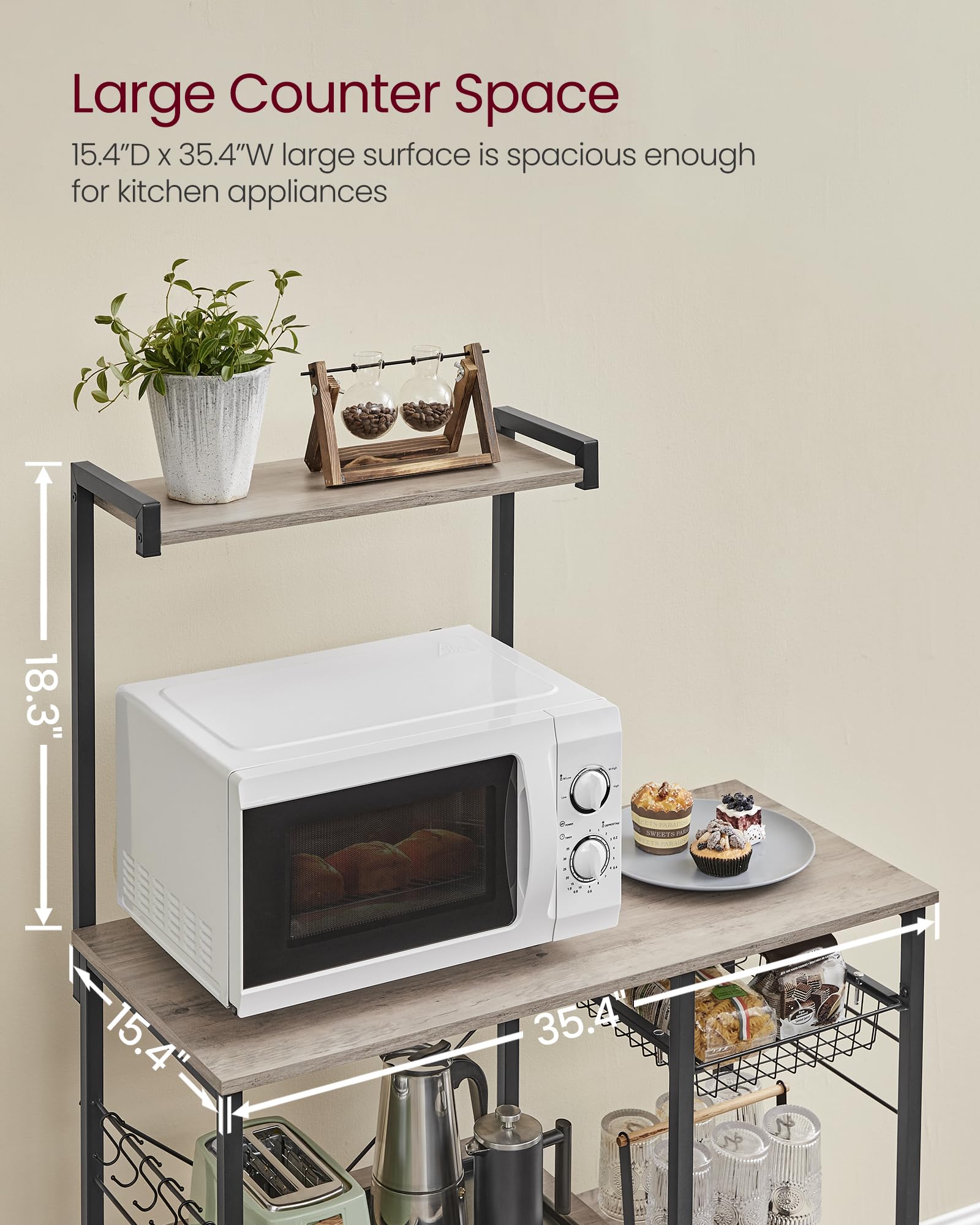 VASAGLE Kitchen Bakers Rack with Power Outlet, Coffee Bar with 35.4-Inch High Worktop, Microwave Stand with 8 Hooks, 15.7 x 31.5 x 66.9 Inches, Golden Oak and Cloud White UKKS059Y01